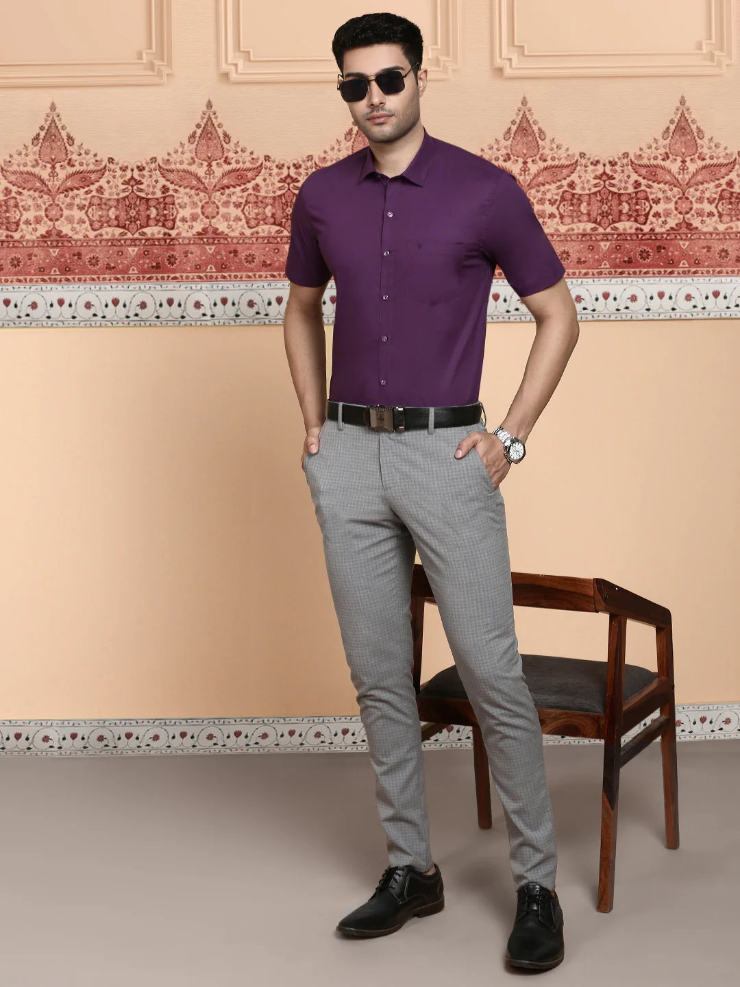 Men Cotton Spandex Shirt 2 Way Stretch Purple LY5 - Image 7