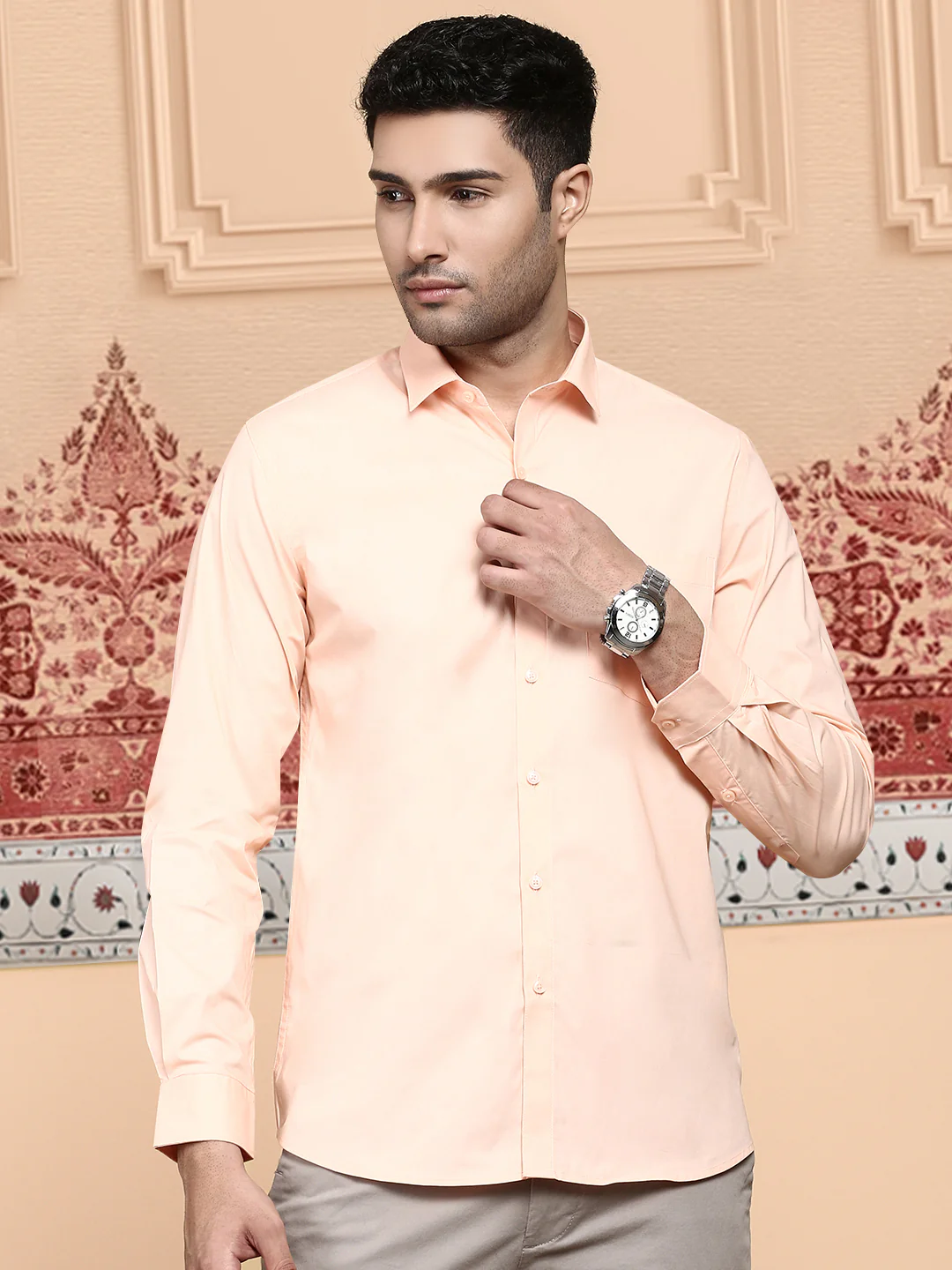 Men Cotton Spandex Shirt 2 Way Stretch Saffron LY7 - Image 3