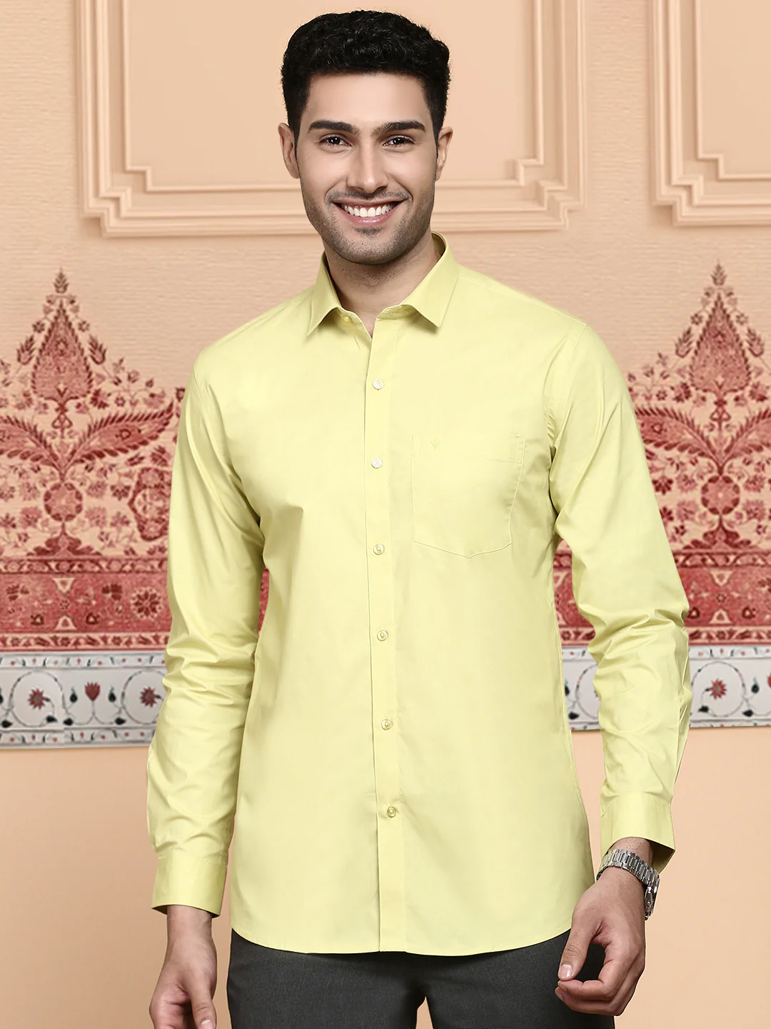Men Cotton Spandex Shirt 2 Way Stretch Yellow LY3 - Image 2