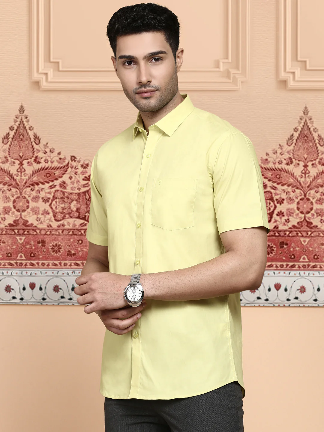 Men Cotton Spandex Shirt 2 Way Stretch Yellow LY3 - Image 3