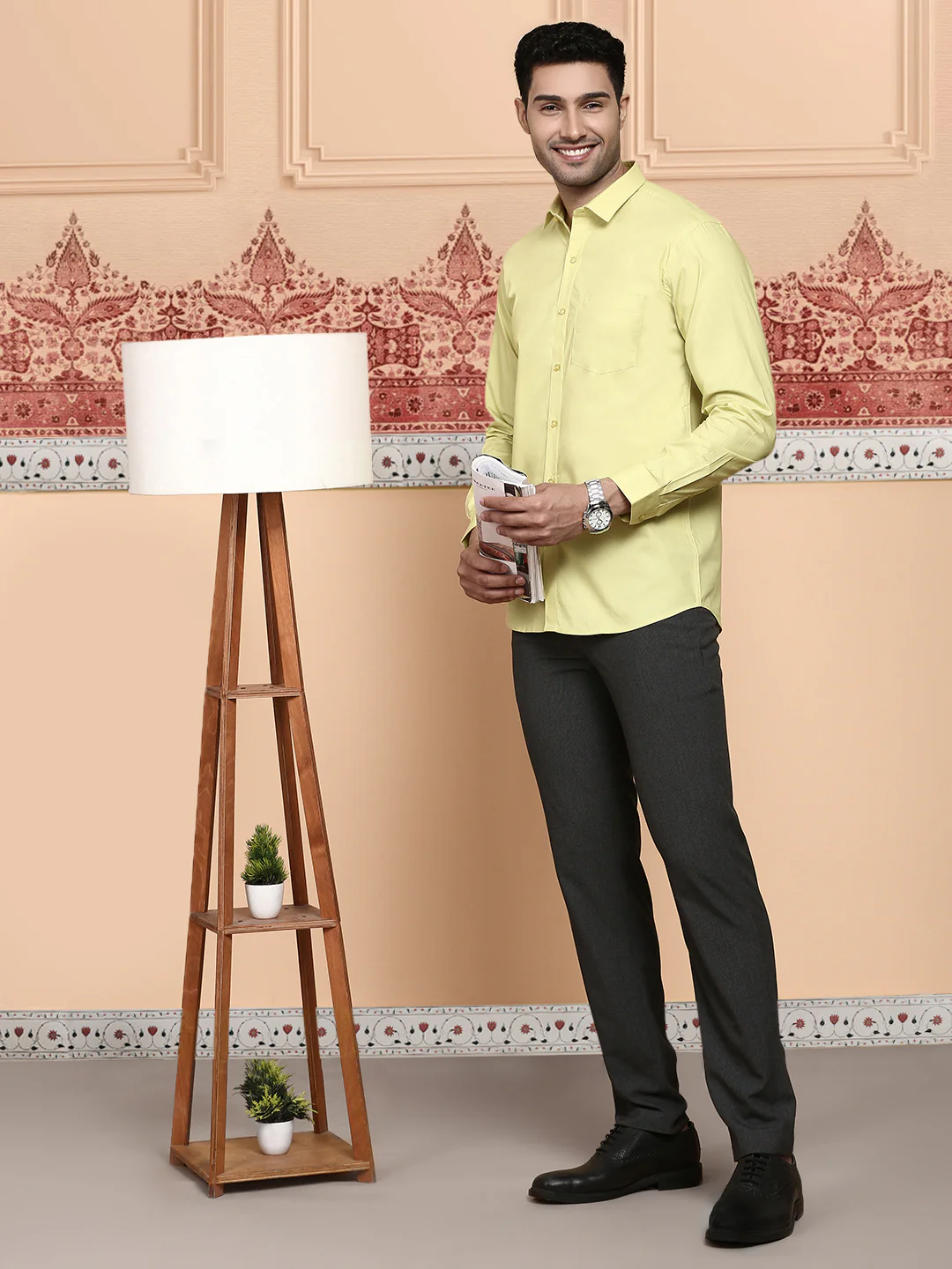 Men Cotton Spandex Shirt 2 Way Stretch Yellow LY3 - Image 6