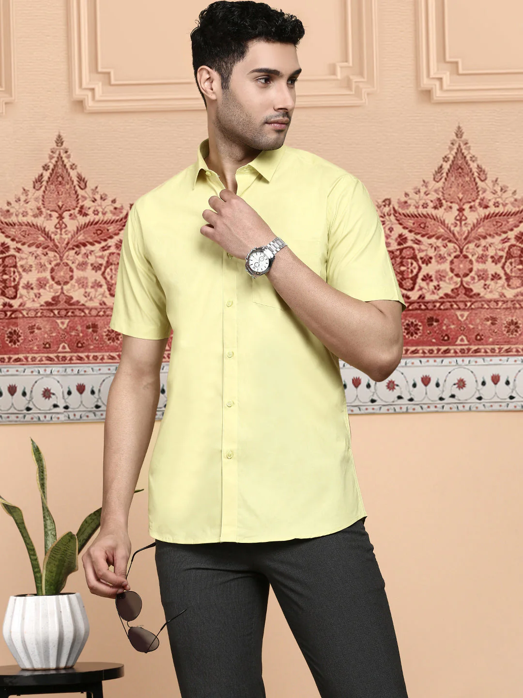 Men Cotton Spandex Shirt 2 Way Stretch Yellow LY3 - Image 8