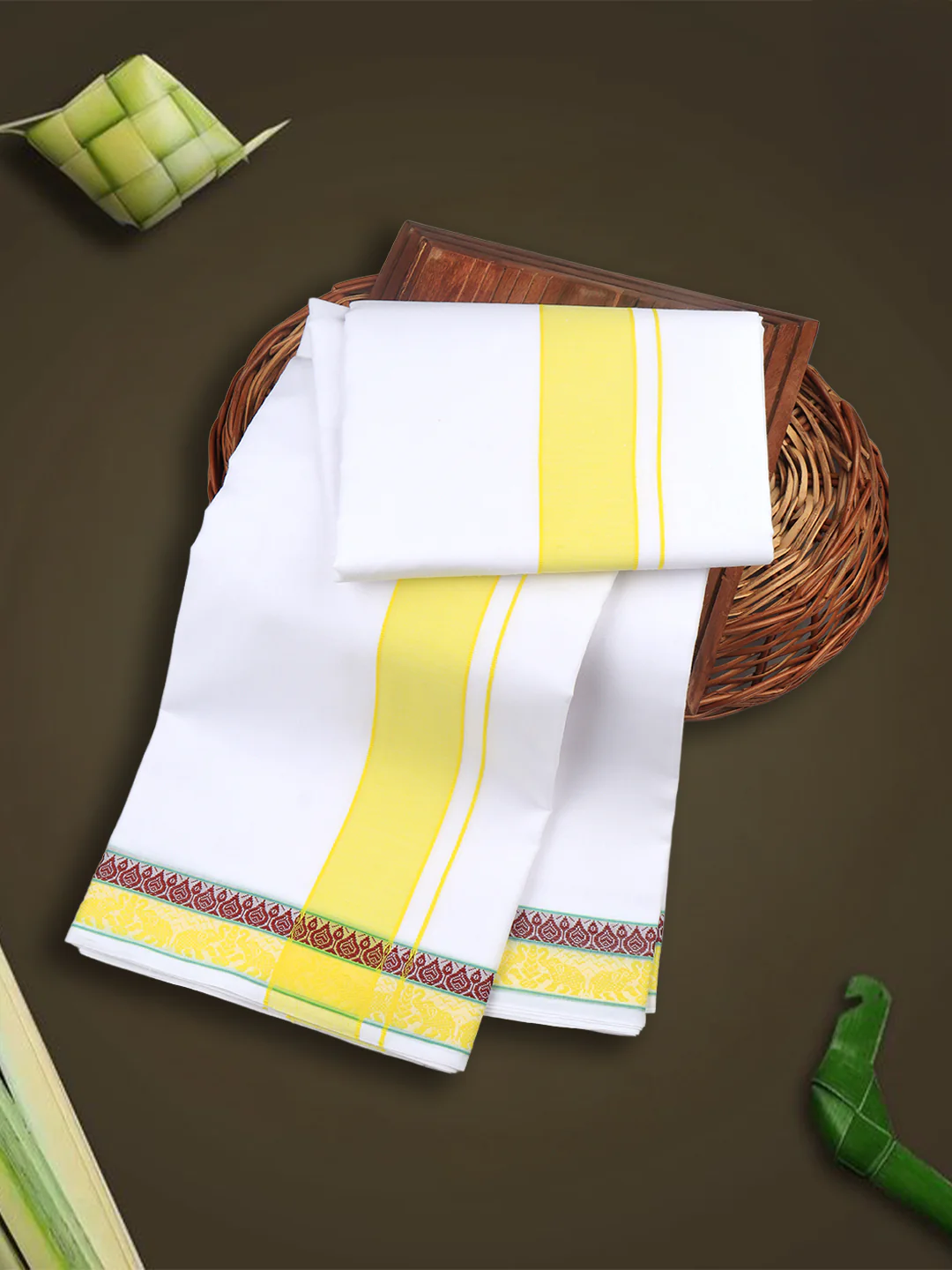 Men Cotton Yellow Fancy Border Panchakacham with Angavasthram (9+5) JD06 - Image 2