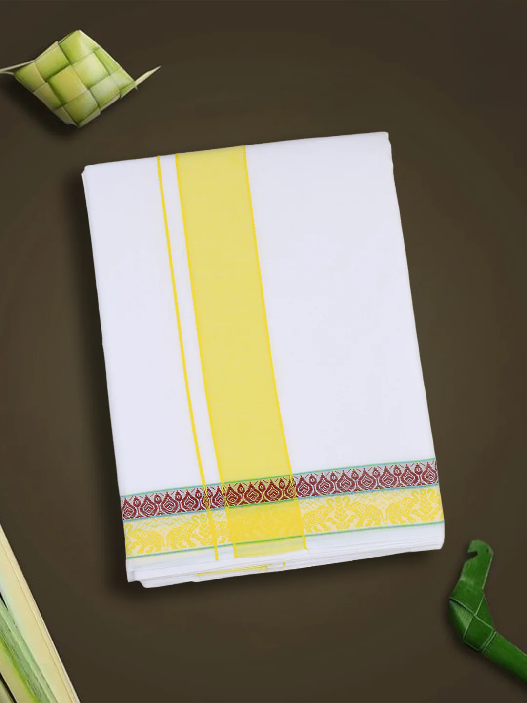 Men Cotton Yellow Fancy Border Panchakacham with Angavasthram (9+5) JD06 - Image 3