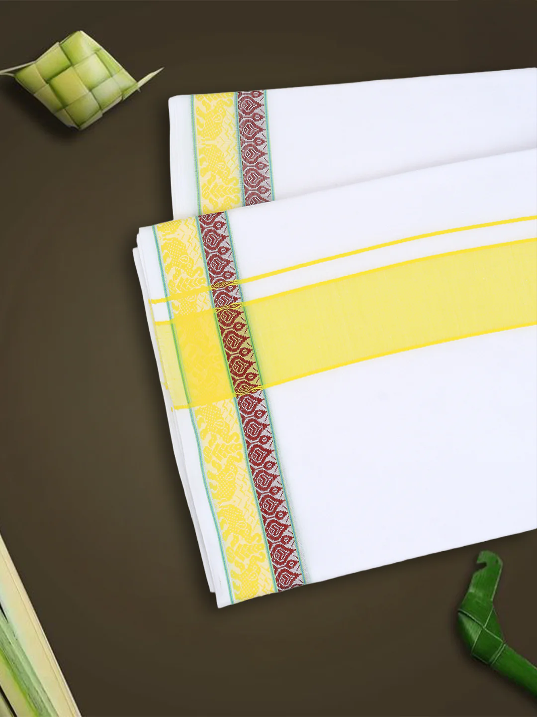 Men Cotton Yellow Fancy Border Panchakacham with Angavasthram (9+5) JD06 - Image 5