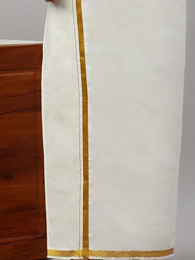 Men Cream Full Sleeves Shirt with 3/4"Gold Jari Double Layer Dhoti & Towel Set - Image 6
