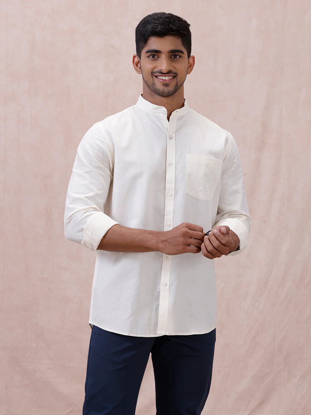 Men Cream Linen Cotton Chinese Collar Shirt LF12 - Image 3