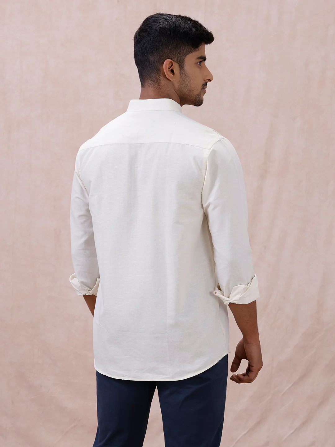 Men Cream Linen Cotton Chinese Collar Shirt LF12 - Image 4