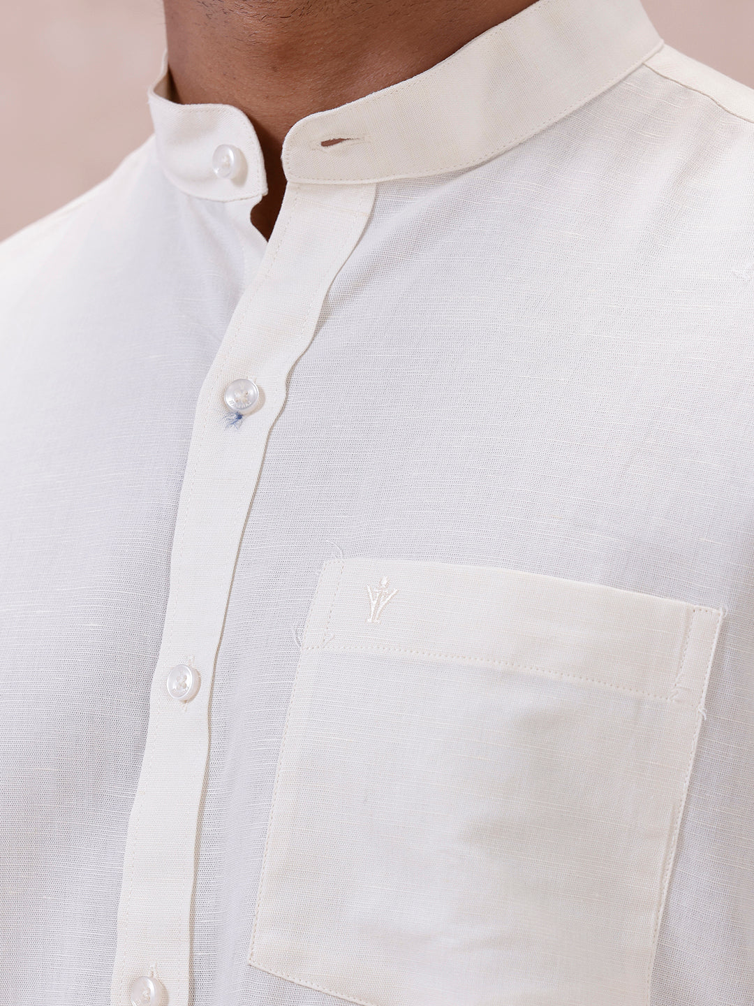 Men Cream Linen Cotton Chinese Collar Shirt LF12 - Image 5