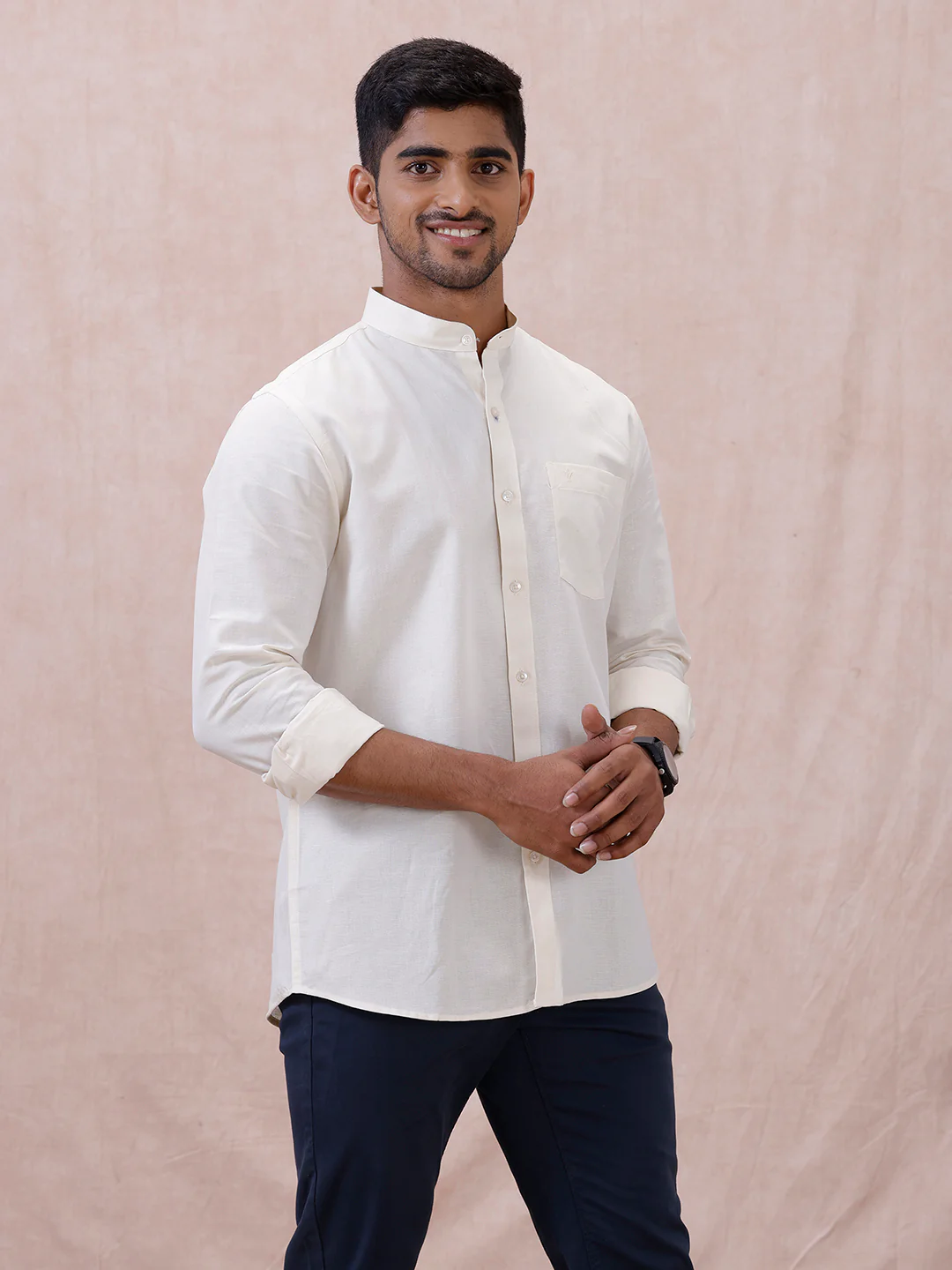 Men Cream Linen Cotton Chinese Collar Shirt LF12 - Image 6