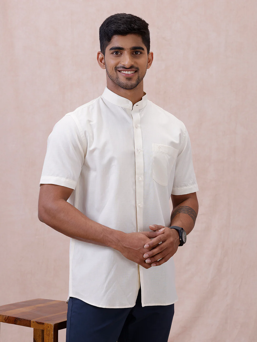 Men Cream Linen Cotton Chinese Collar Shirt LF12 - Image 7
