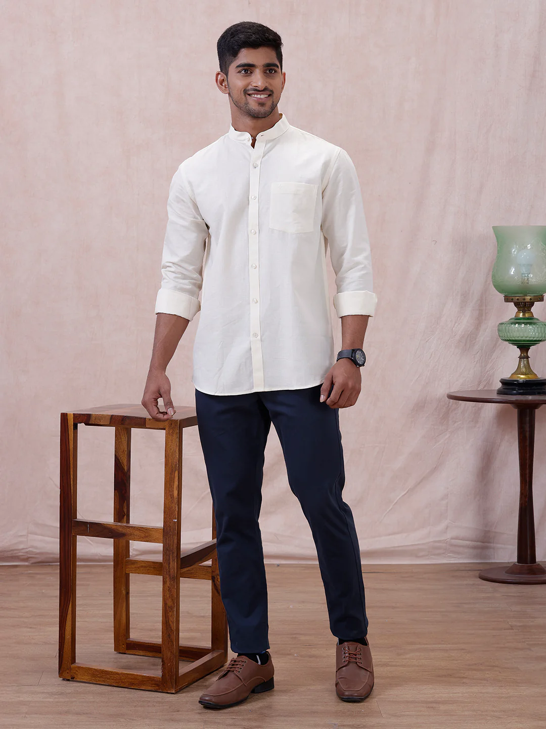 Men Cream Linen Cotton Chinese Collar Shirt LF12 - Image 8