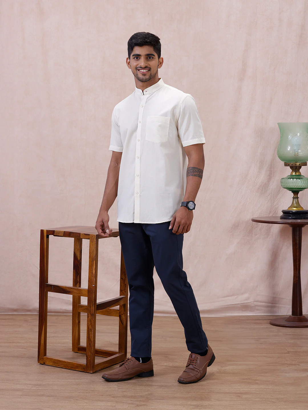 Men Cream Linen Cotton Chinese Collar Shirt LF12 - Image 9
