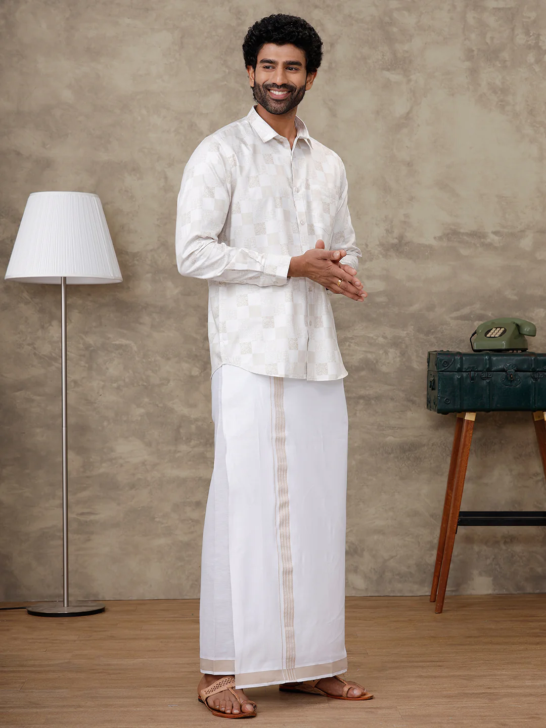 Men Cream Matching Border Dhoti With Printed Shirt Set Fusion PS1 - Image 3