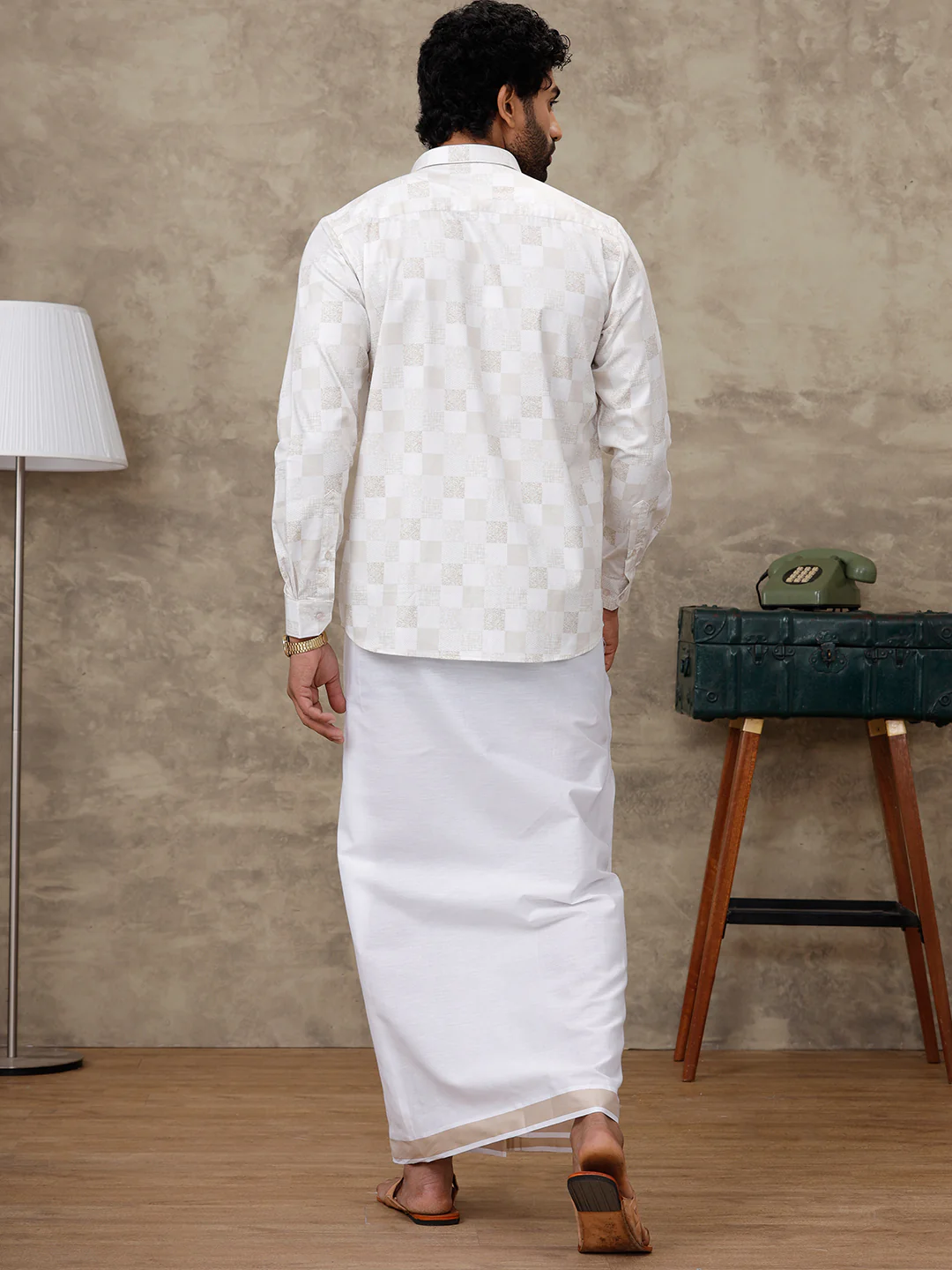 Men Cream Matching Border Dhoti With Printed Shirt Set Fusion PS1 - Image 6