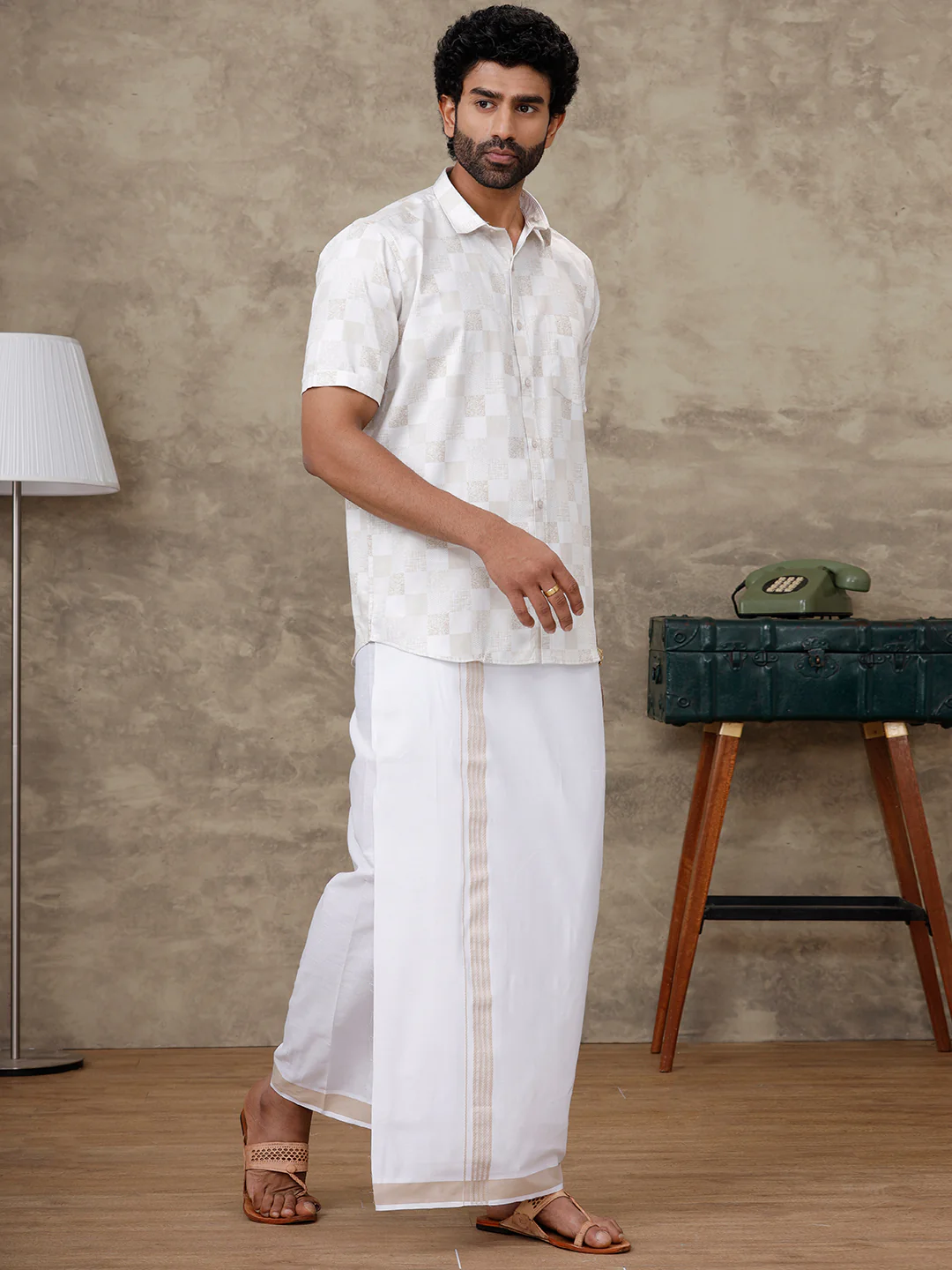 Men Cream Matching Border Dhoti With Printed Shirt Set Fusion PS1 - Image 7