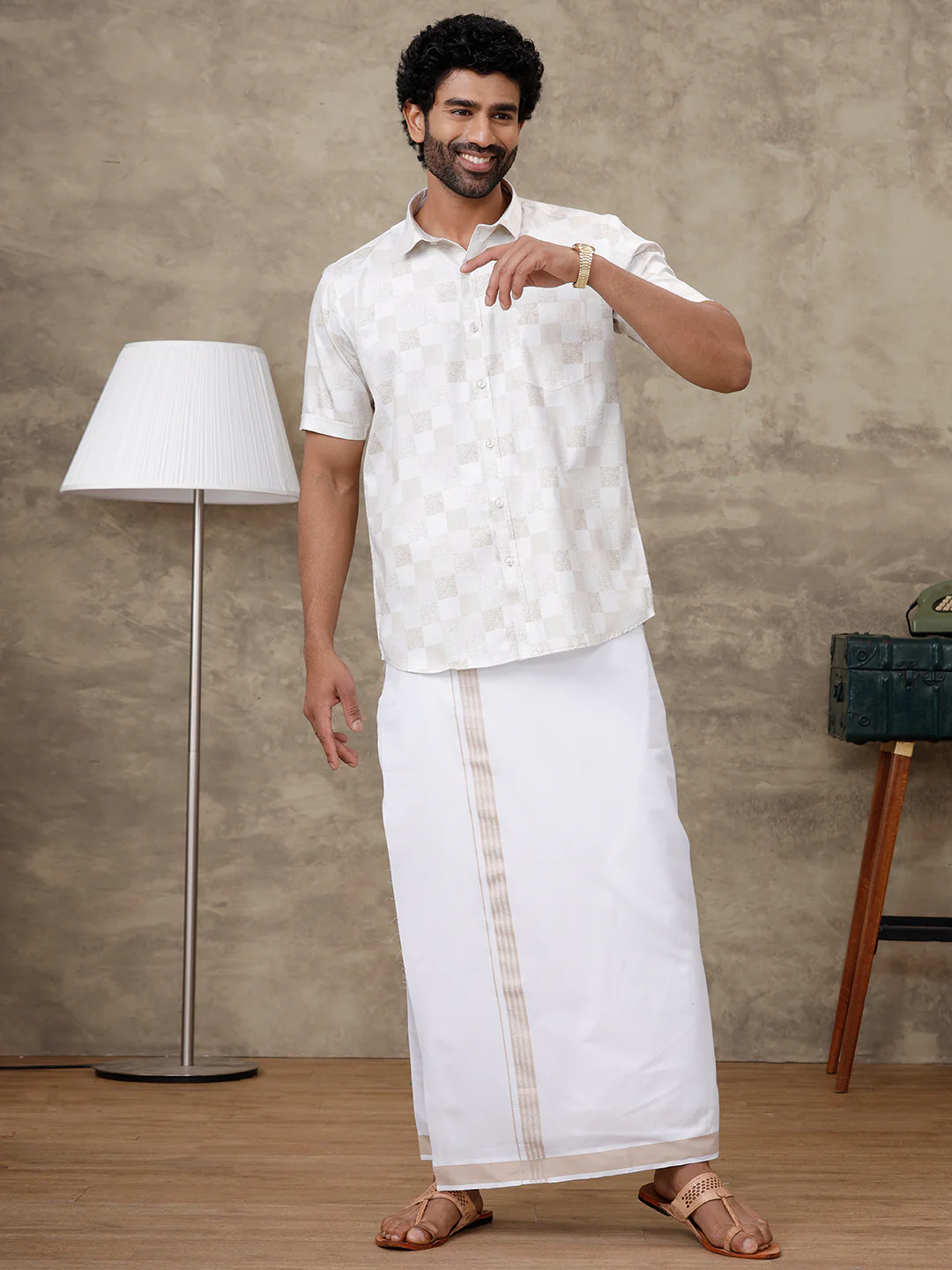 Men Cream Matching Border Dhoti With Printed Shirt Set Fusion PS1 - Image 8