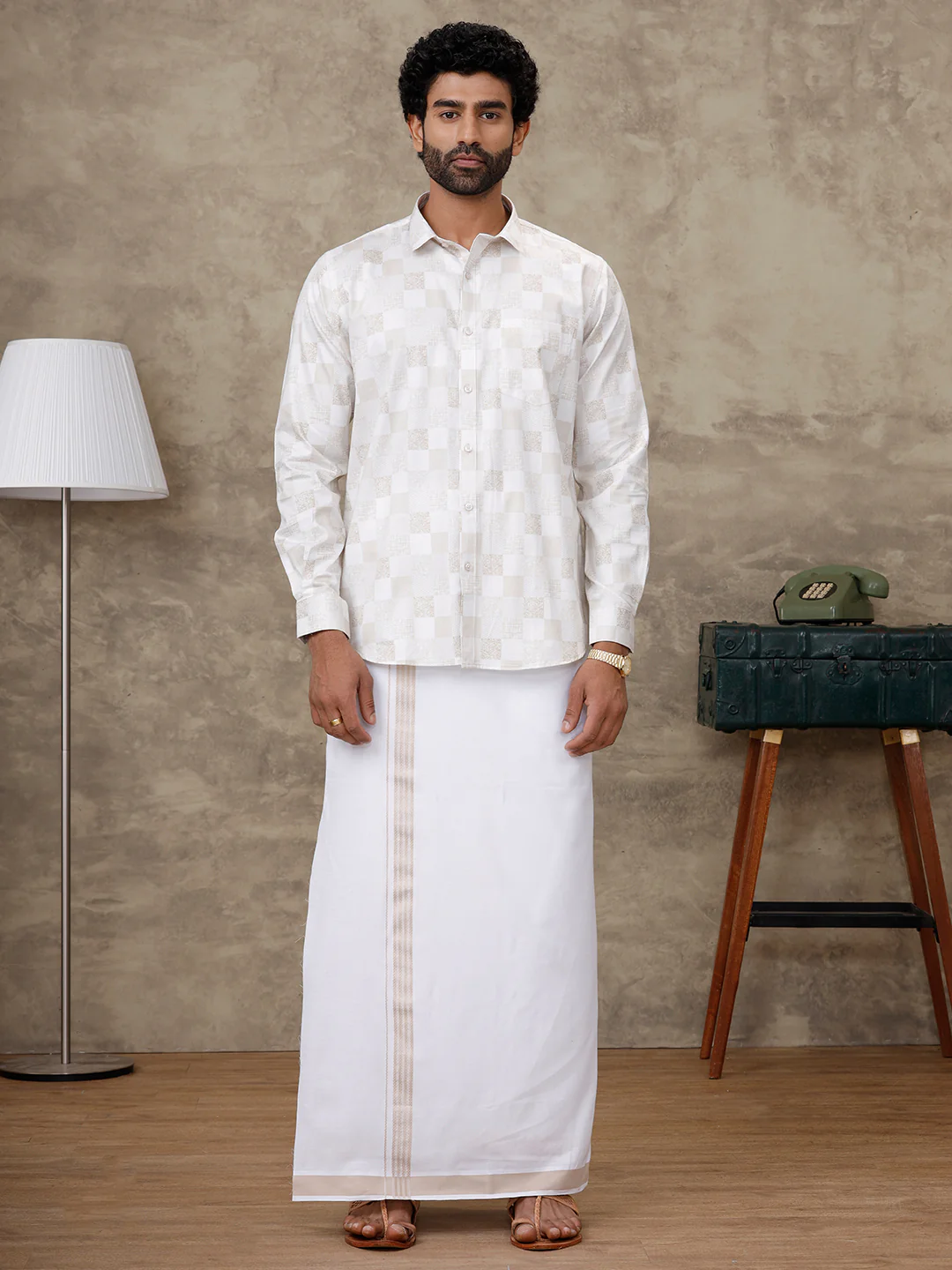Men Cream Matching Border Dhoti With Printed Shirt Set Fusion PS1 - Image 9