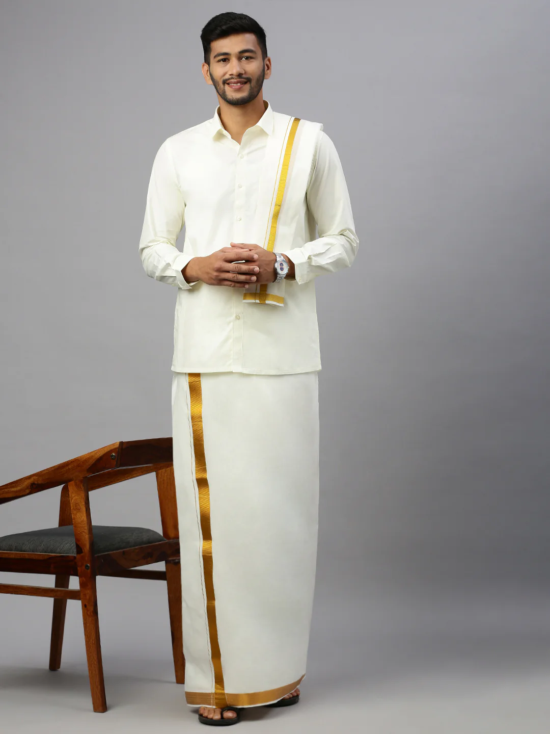 Men Cream Shirt with 1 1/2" Gold Jari Border Double Dhoti & Towel Combo - Image 2