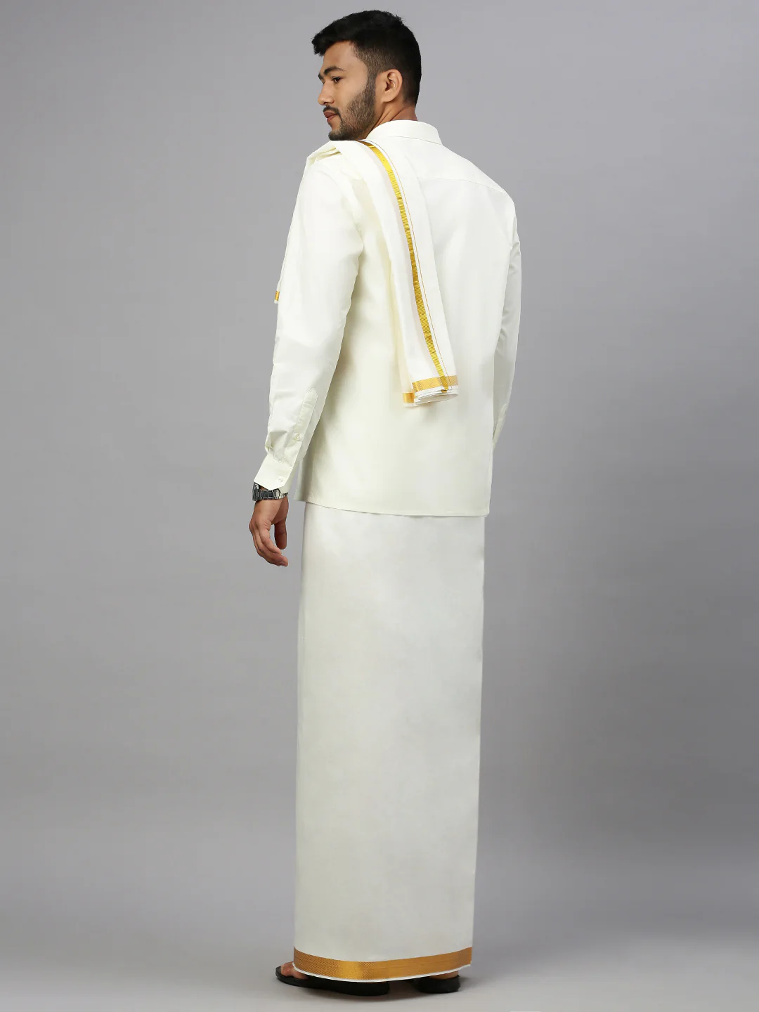 Men Cream Shirt with 1 1/2" Gold Jari Border Double Dhoti & Towel Combo - Image 4