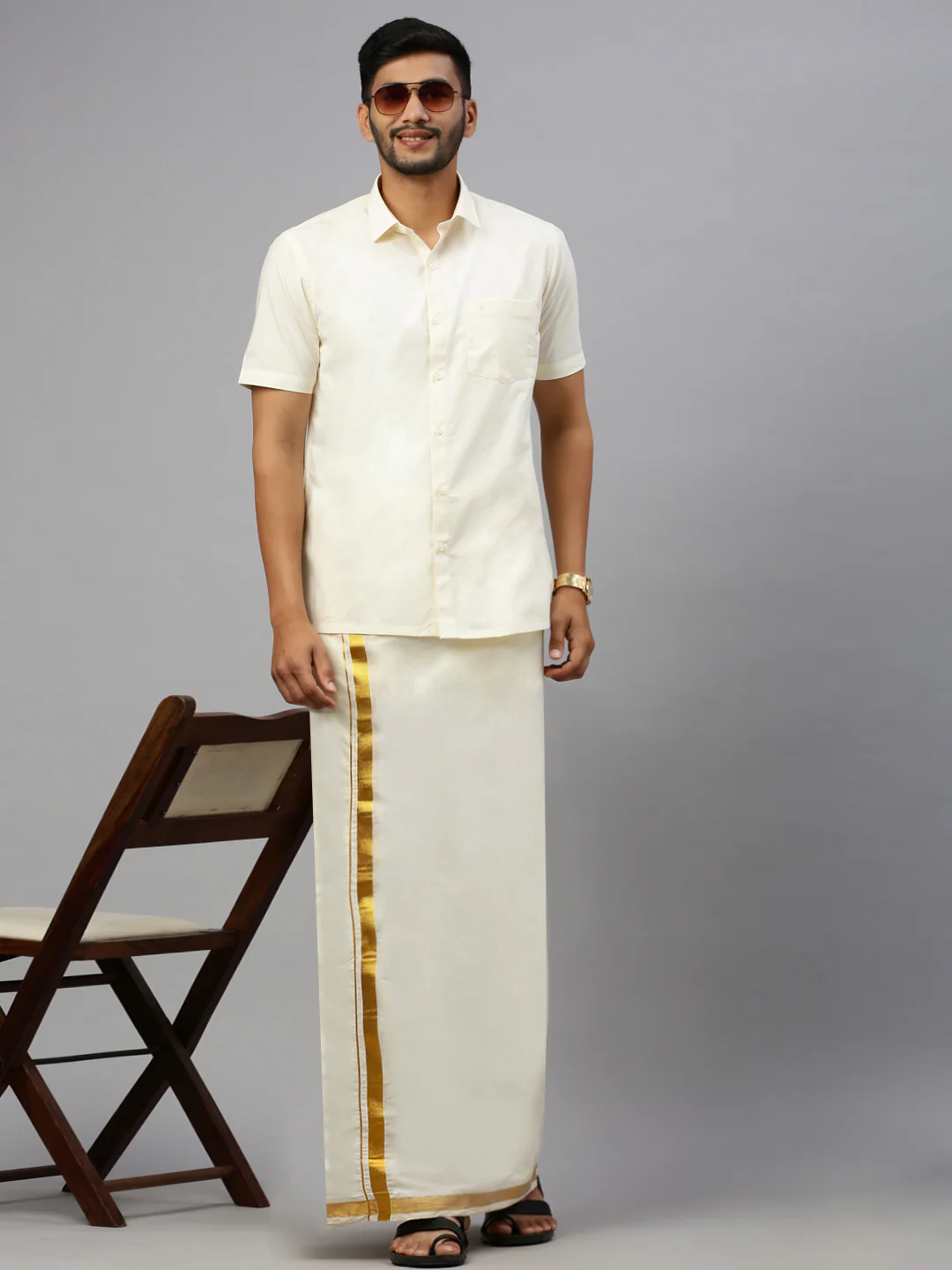 Men Cream Shirt with 1" Inch Gold Jari Border Double Layer Dhoti Combo - Image 3