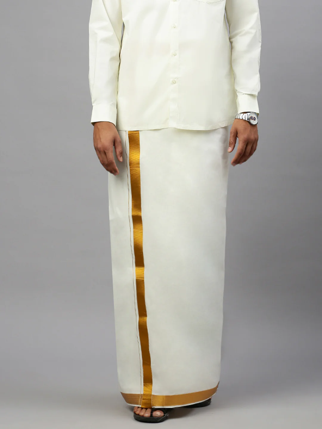 Men Cream Shirt with 1'' inch Gold Jari Border Double Layer Dhoti Combo - Image 3