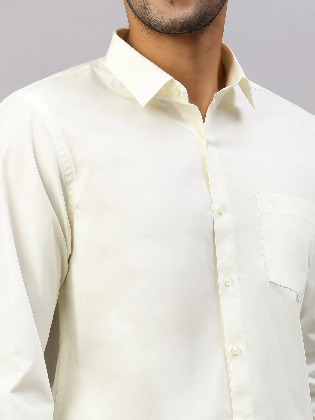 Men Cream Shirt with 3/4" inch Gold Jari Border Double Layer Dhoti & Towel Combo - Image 3
