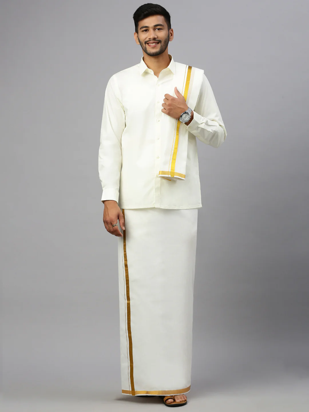 Men Cream Wedding Dhoti Shirting & Towel Set
