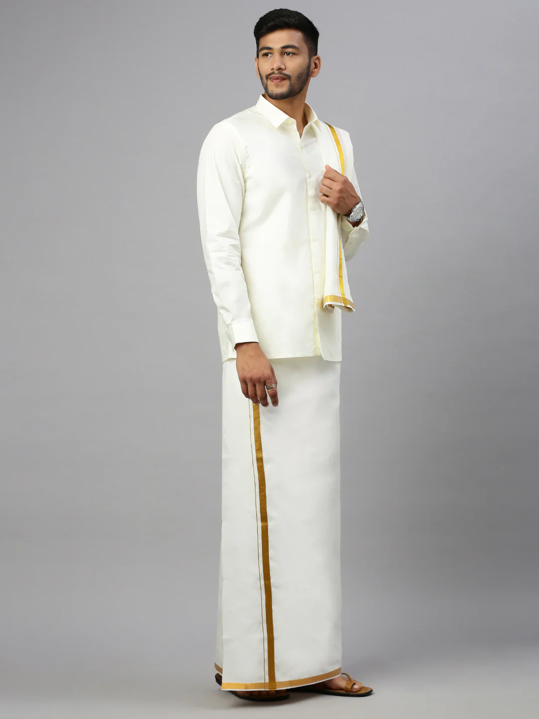 Men Cream with 1" inch Gold jari Border Dhoti Shirt & Towel Set Subhakalyan - Image 2