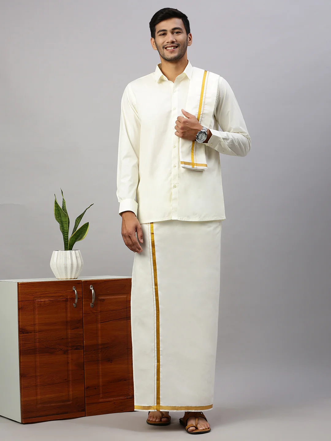 Men Cream with 3/4" inch Gold Jari Border Dhoti Shirt & Towel Set Subhakalyan - Image 2