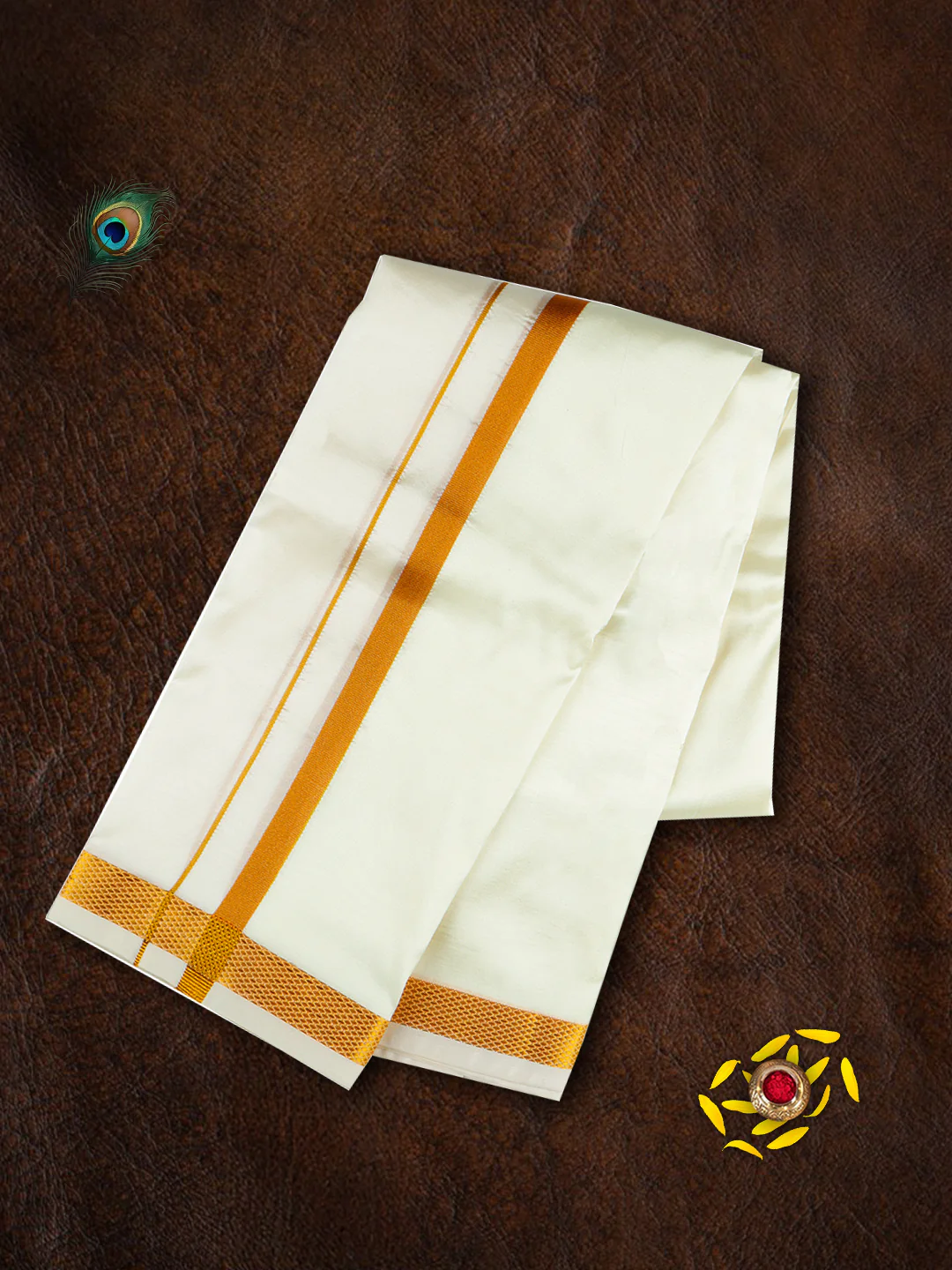 Men Cream with 3/4'' Inch Gold Jari Border Double Layer Dhoti & Towel Set Iswaryam - Image 2