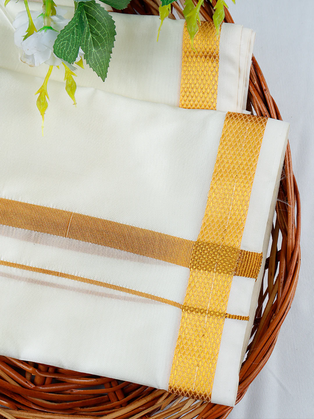 Men Cream with 3/4'' Inch Gold Jari Border Double Layer Dhoti & Towel Set Iswaryam - Image 3