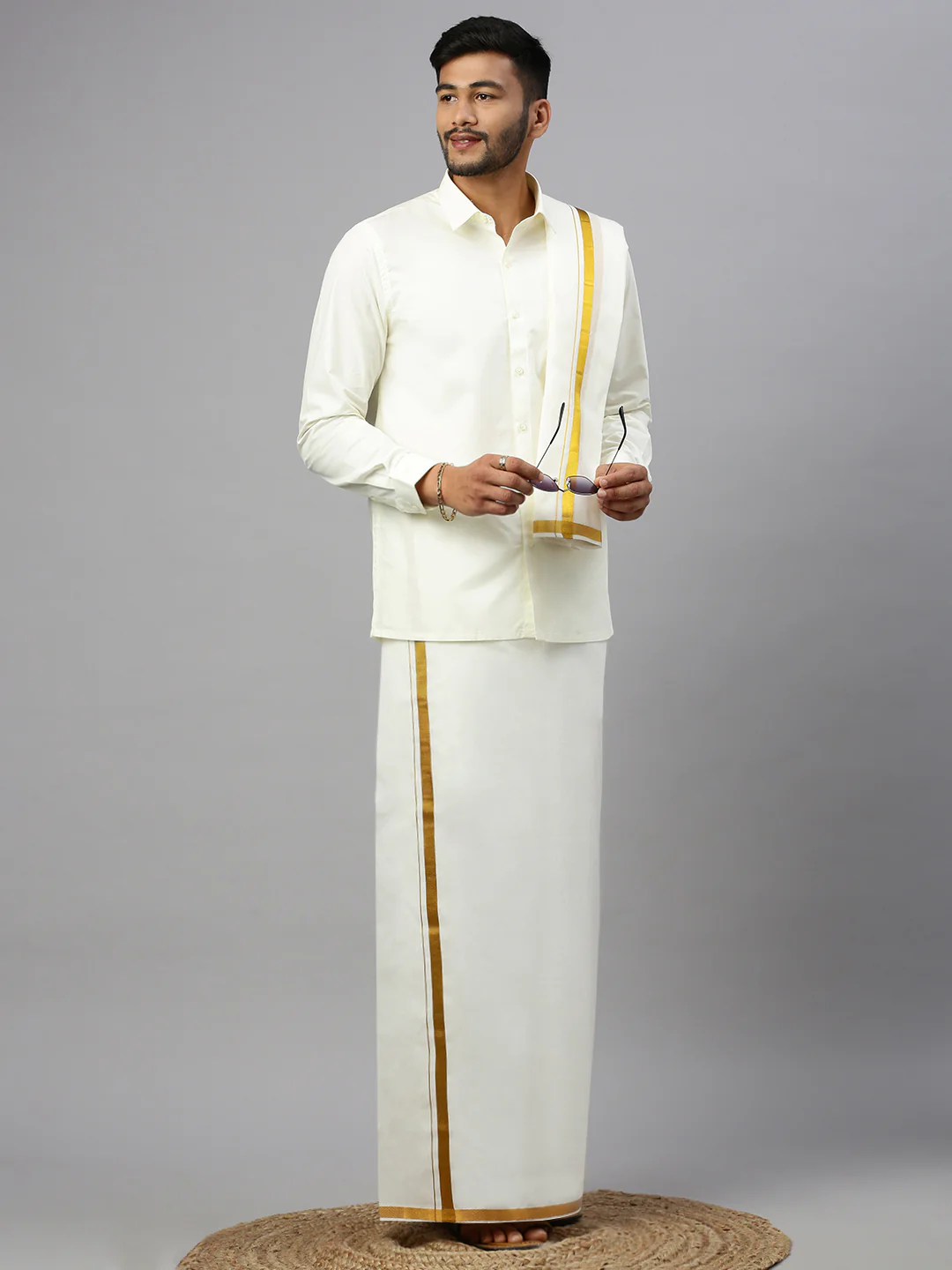 Men Cream with Gold Jari Border Dhoti Shirting & Towel Set - Image 3