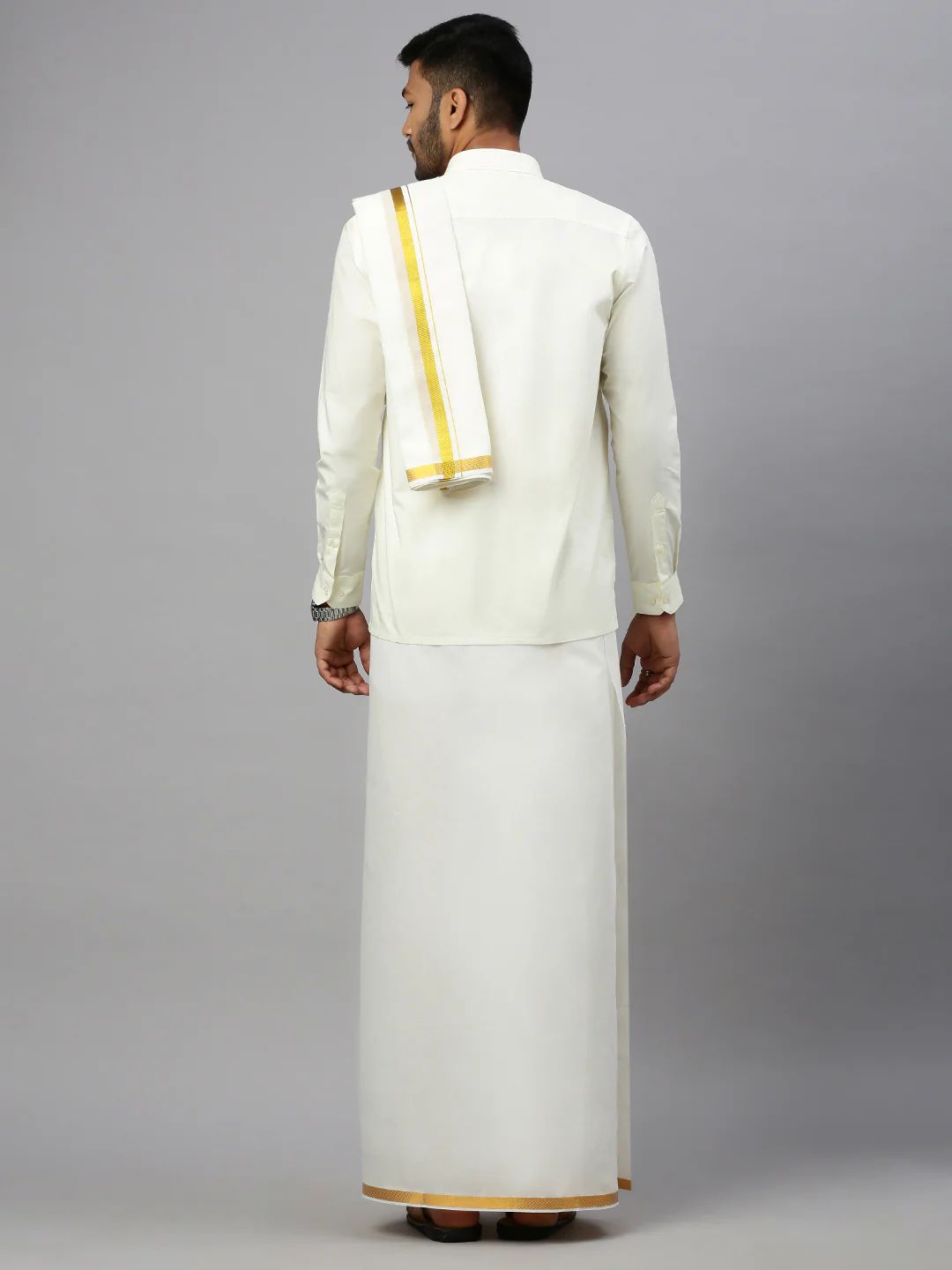 Men Cream with Gold Jari Border Dhoti Shirting & Towel Set - Image 4