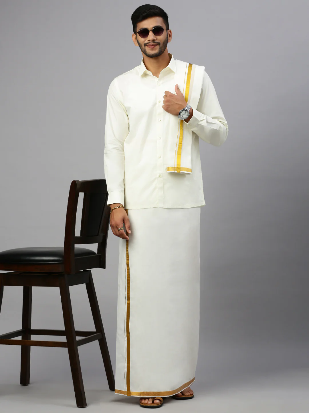 Men Cream with Gold Jari Border Dhoti Shirting & Towel Set - Image 6