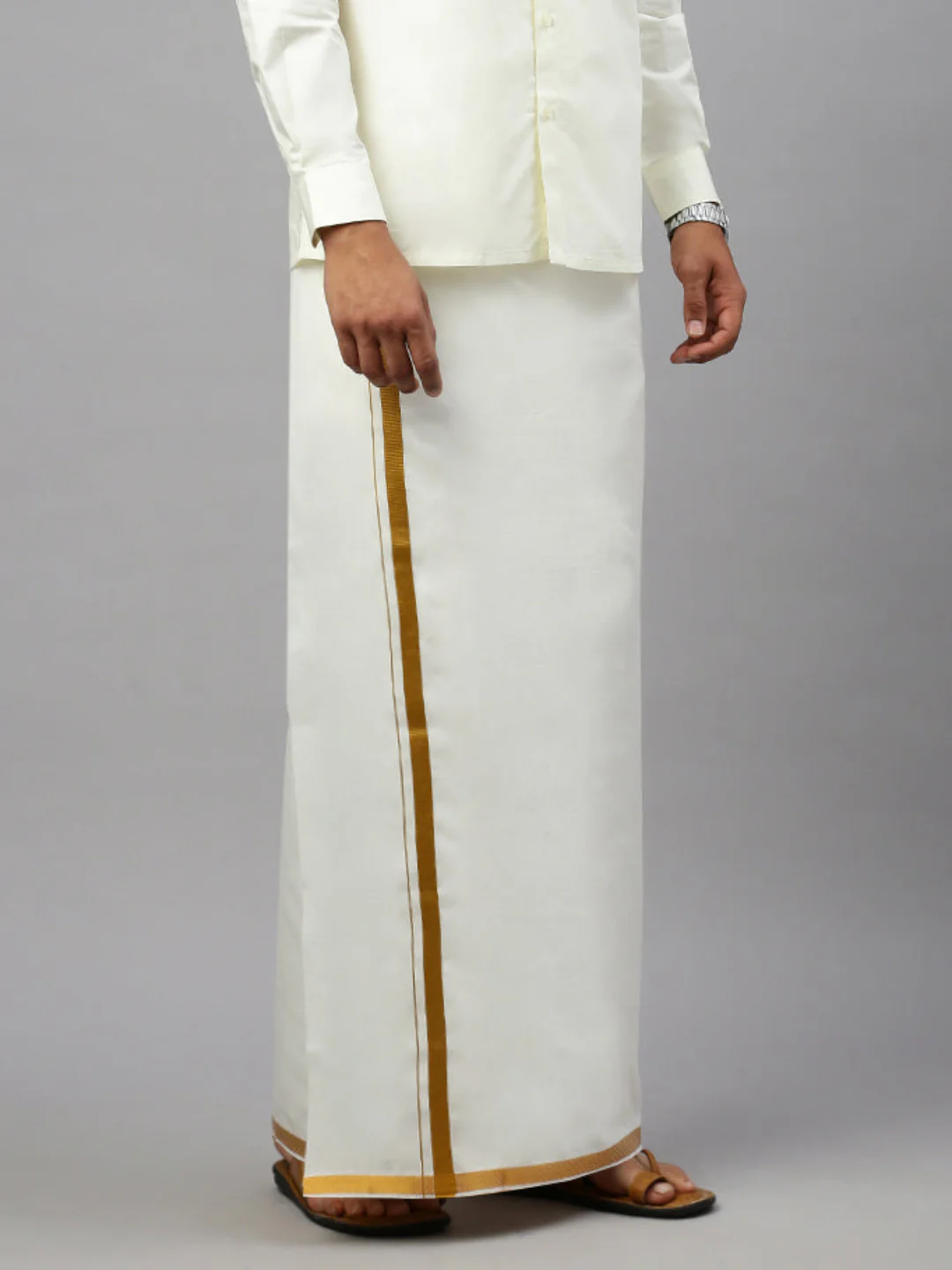 Men Cream with Jari Border Readymade Pocket Single Layer Dhoti Genxt
