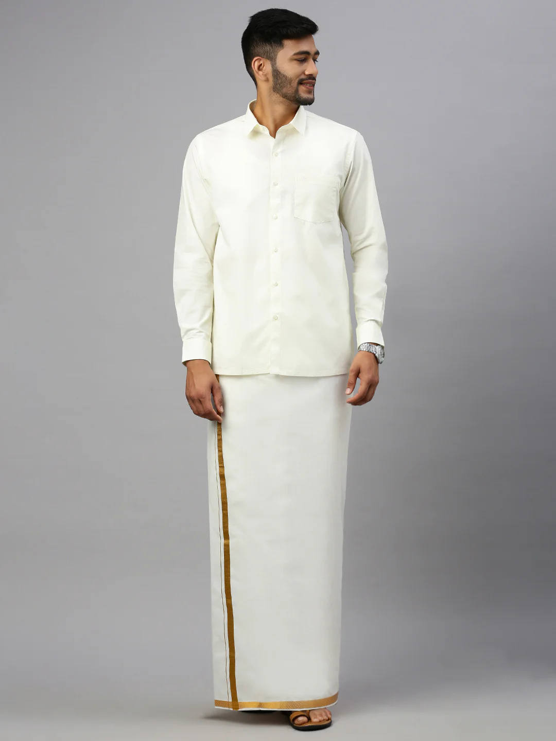 Men Cream with Jari Border Readymade Pocket Single Layer Dhoti Genxt - Image 6