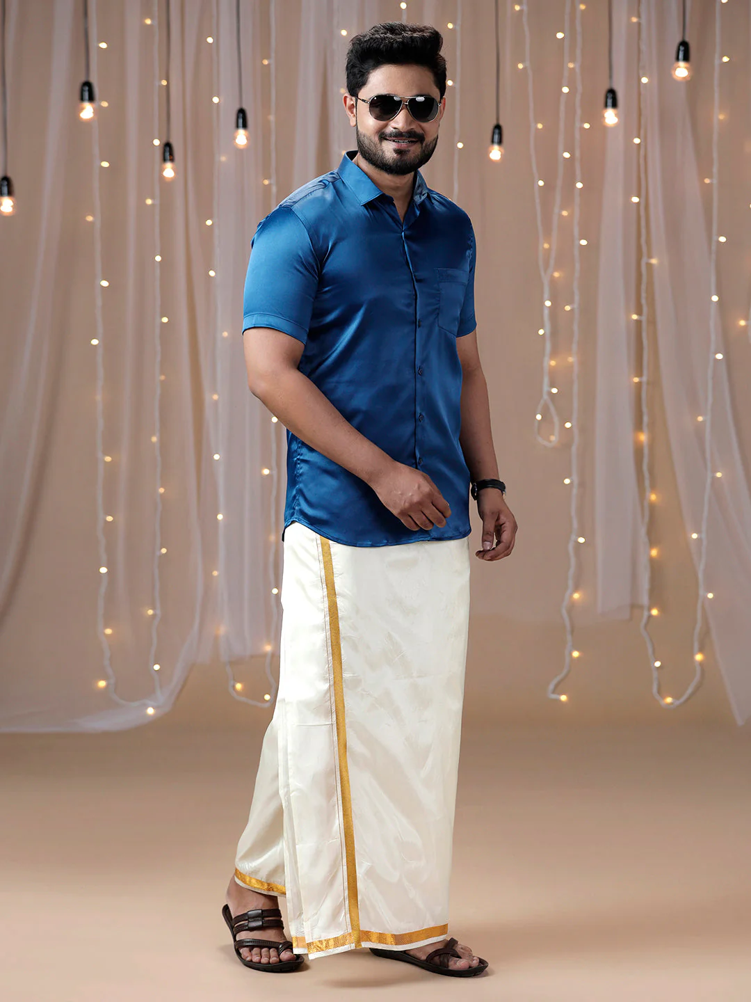 Men Dark Blue Half Sleeves Shirt with Art Silk Double Layer Dhoti Combo PS4 - Image 2