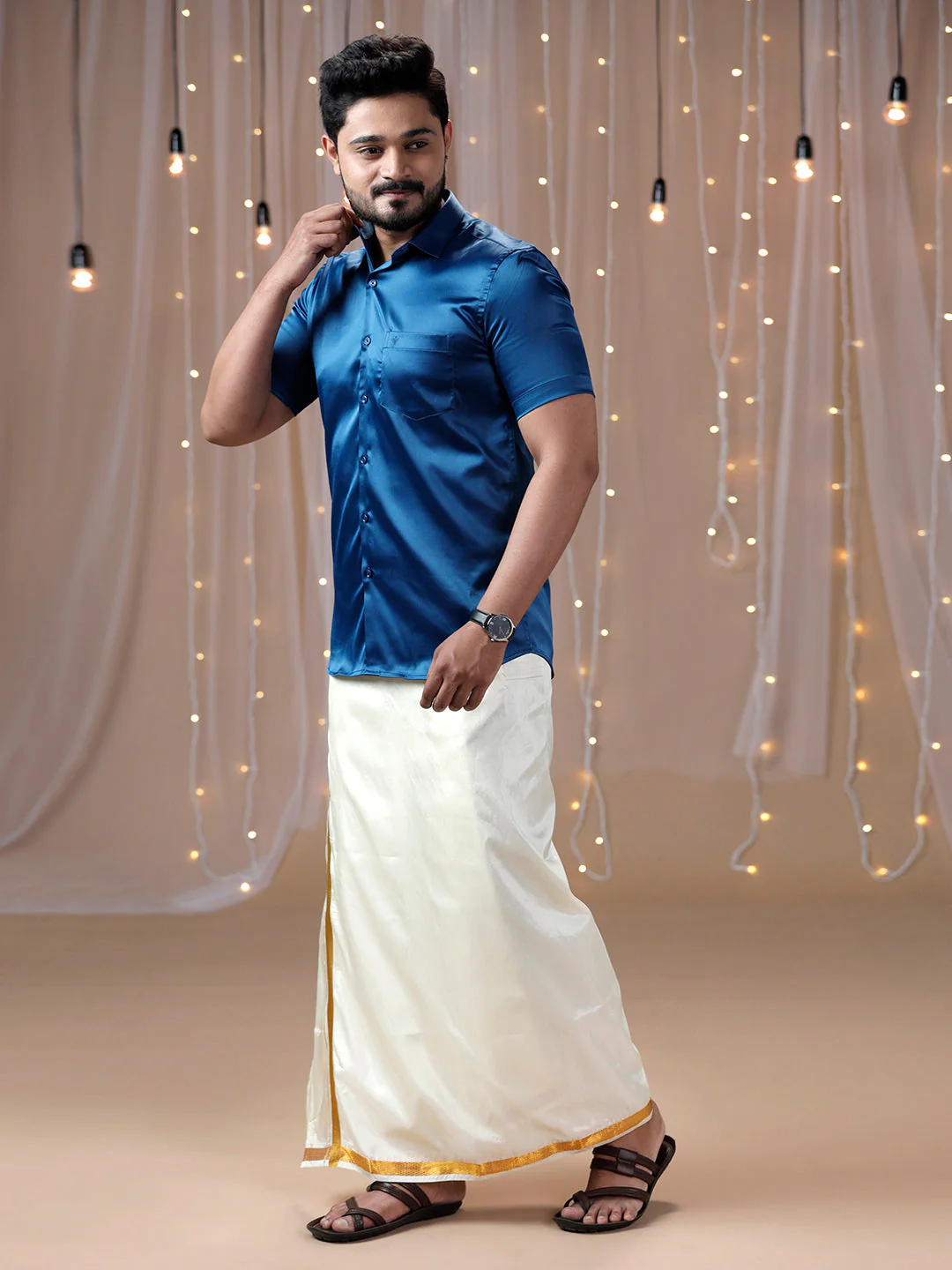 Men Dark Blue Half Sleeves Shirt with Art Silk Double Layer Dhoti Combo PS4 - Image 3