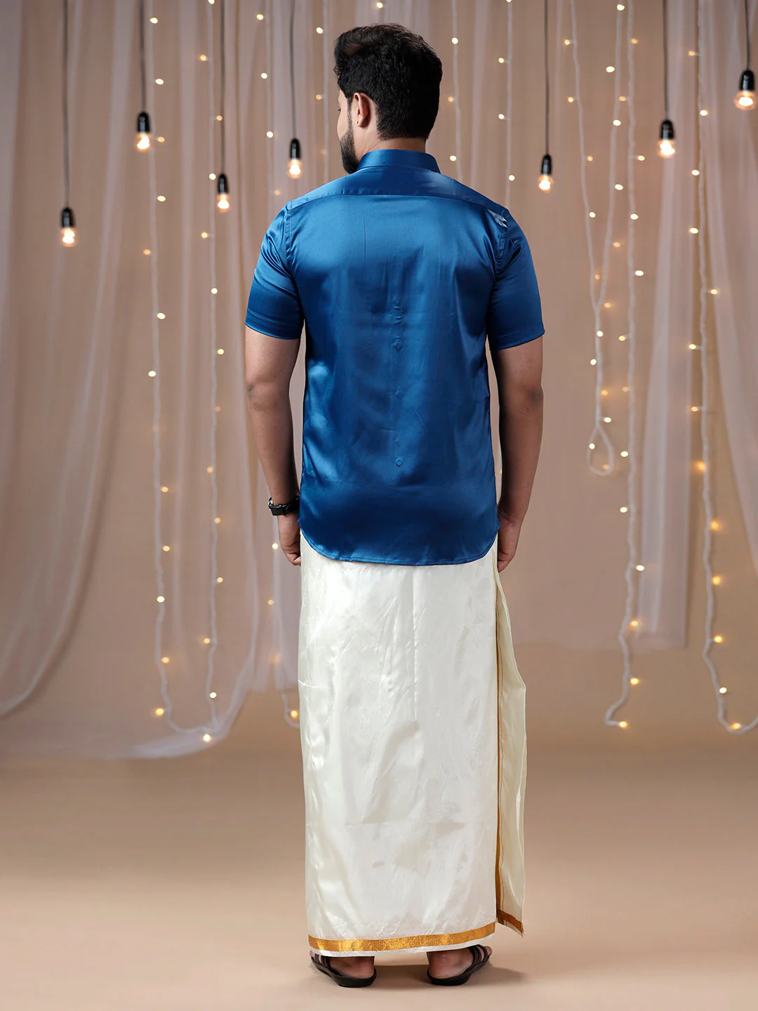 Men Dark Blue Half Sleeves Shirt with Art Silk Double Layer Dhoti Combo PS4 - Image 4