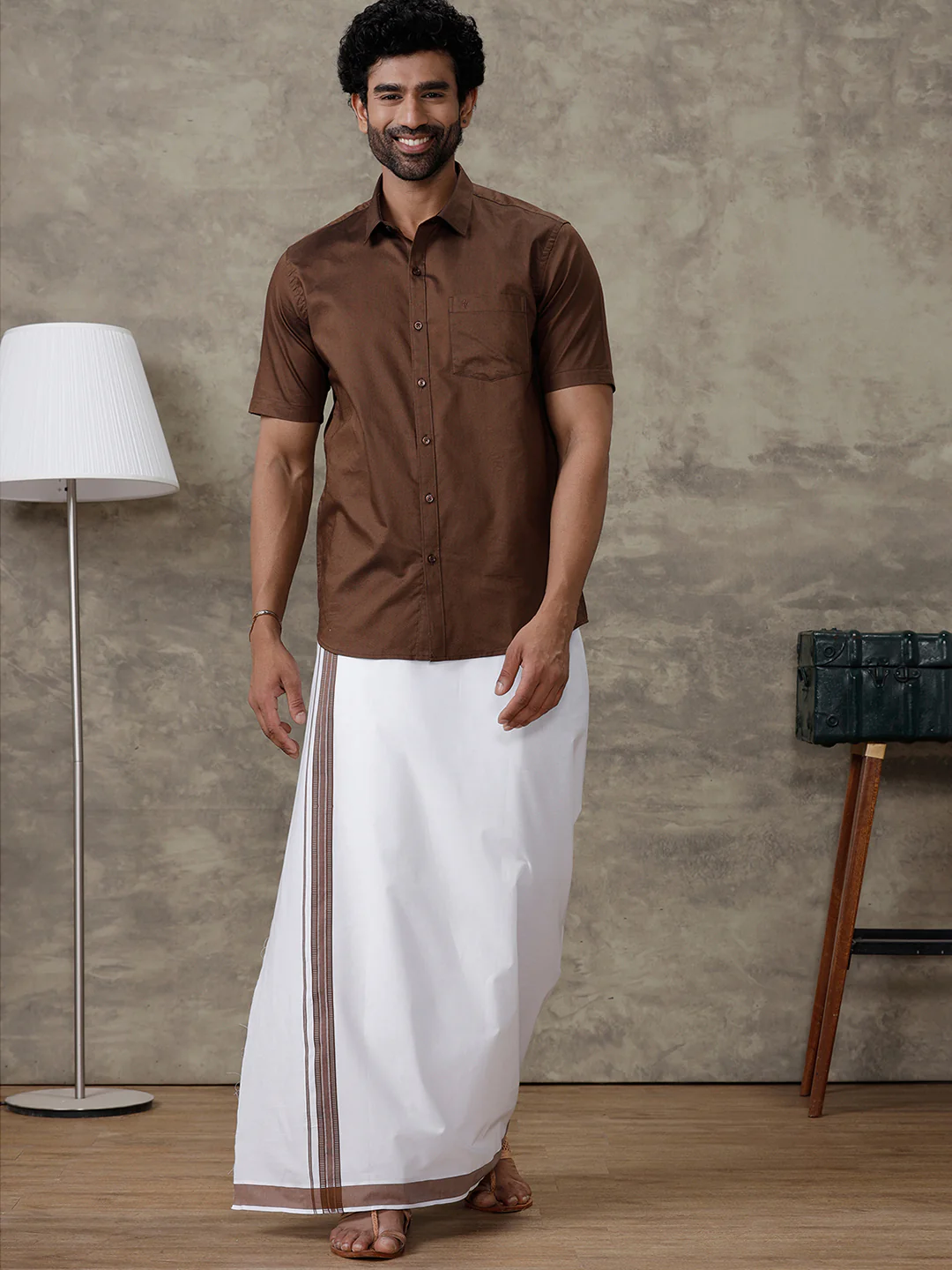 Men Dark Brown Shirt With Matching Border Dhoti Set Evolution - Image 2