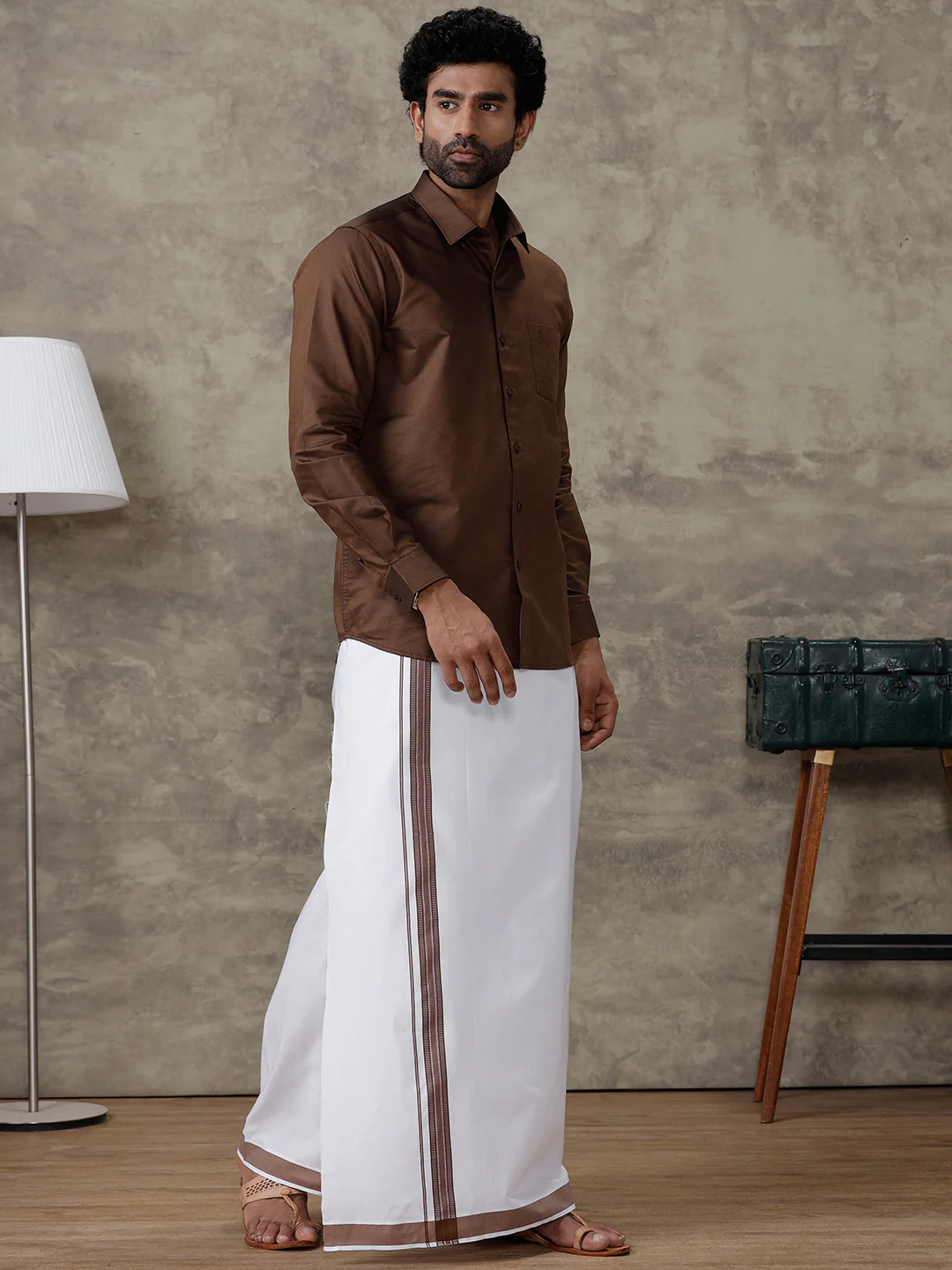 Men Dark Brown Shirt With Matching Border Dhoti Set Evolution - Image 3