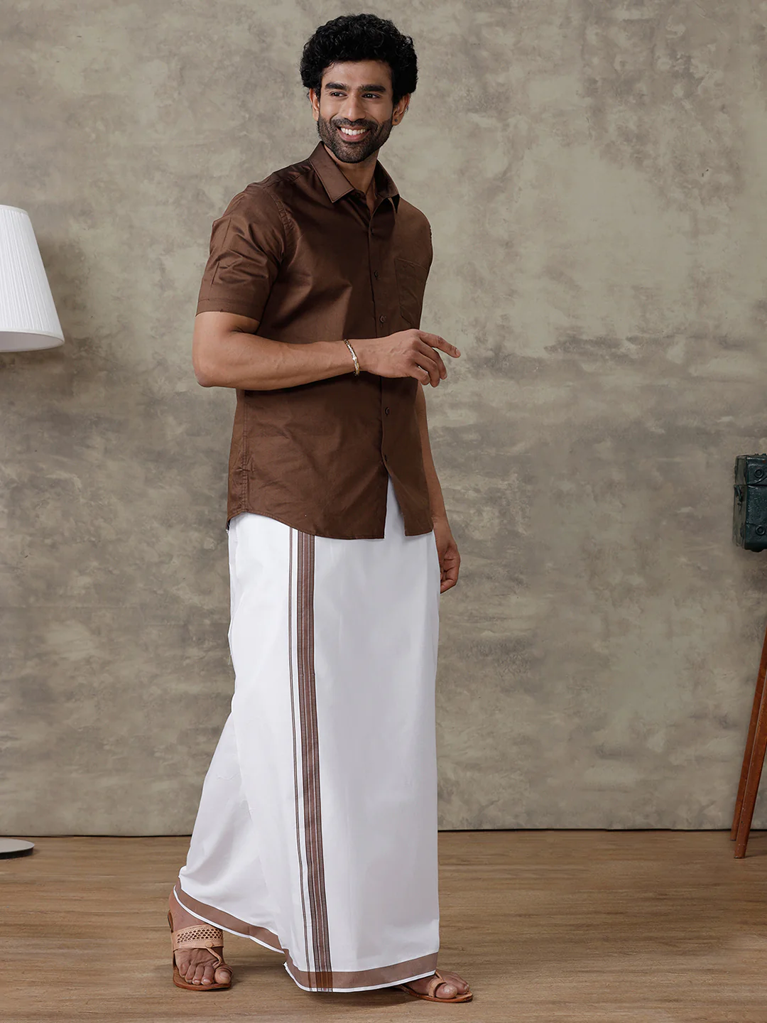 Men Dark Brown Shirt With Matching Border Dhoti Set Evolution - Image 4