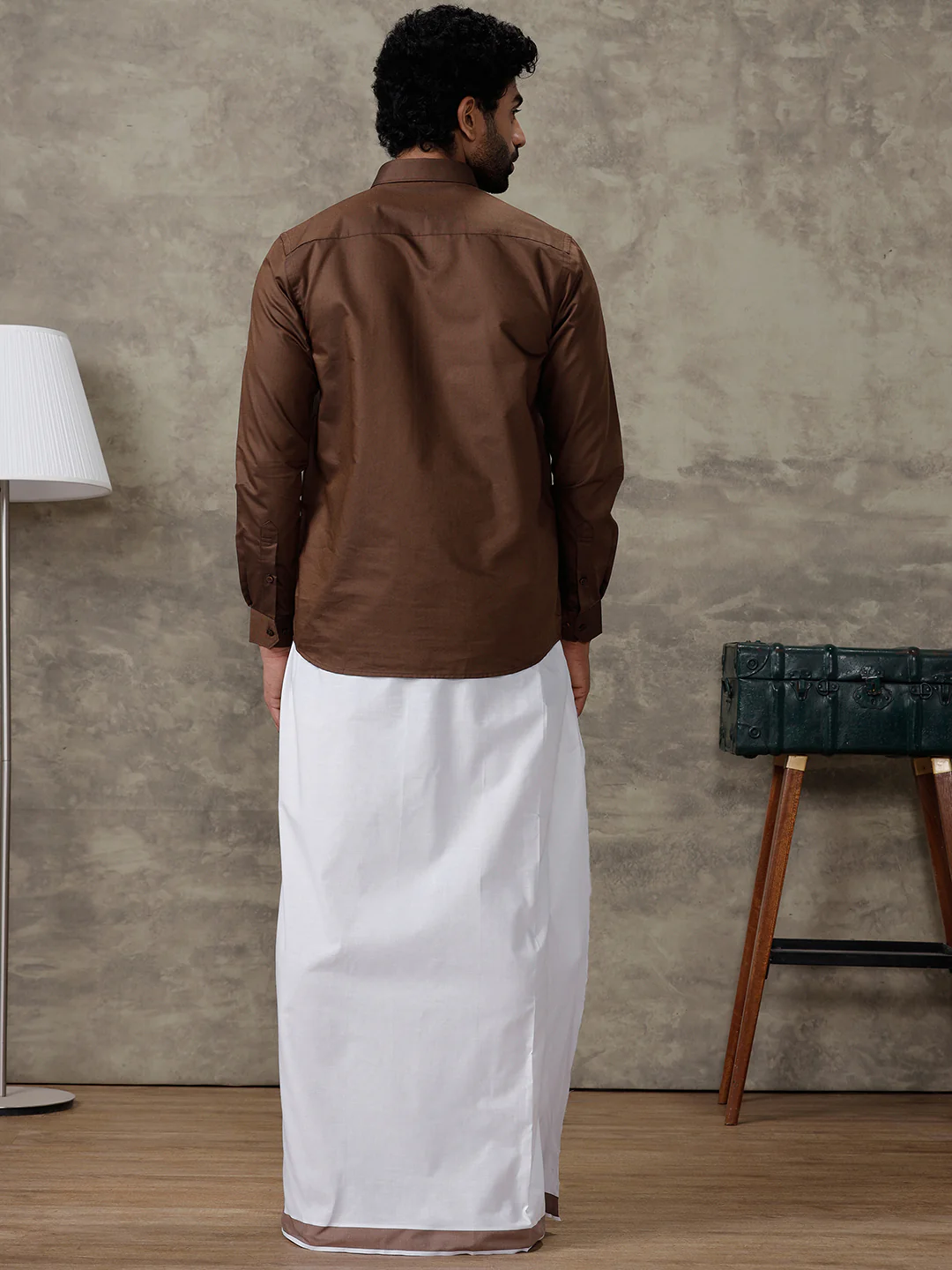 Men Dark Brown Shirt With Matching Border Dhoti Set Evolution - Image 6