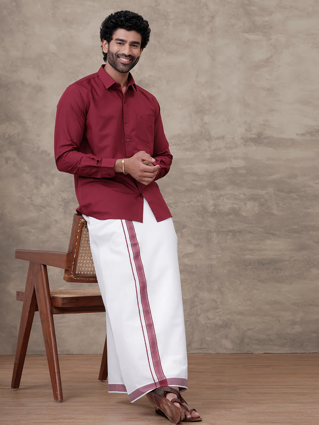 Men Dark Burgundy Shirt With Matching Border Dhoti Set Trendy - Image 2