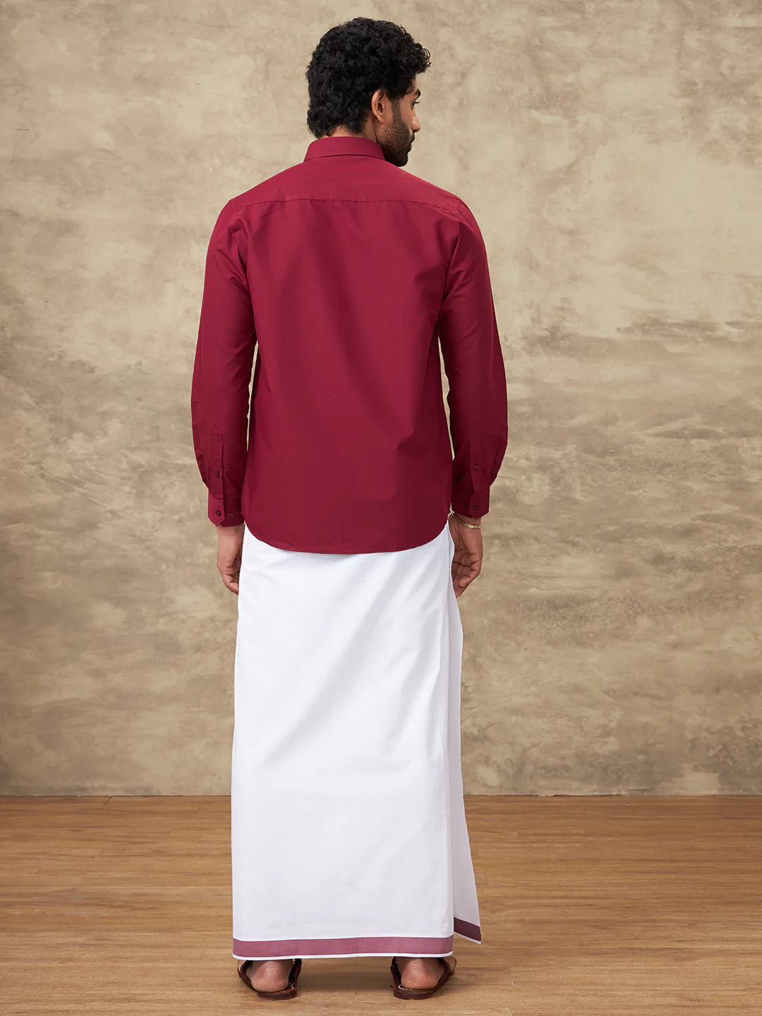 Men Dark Burgundy Shirt With Matching Border Dhoti Set Trendy - Image 3