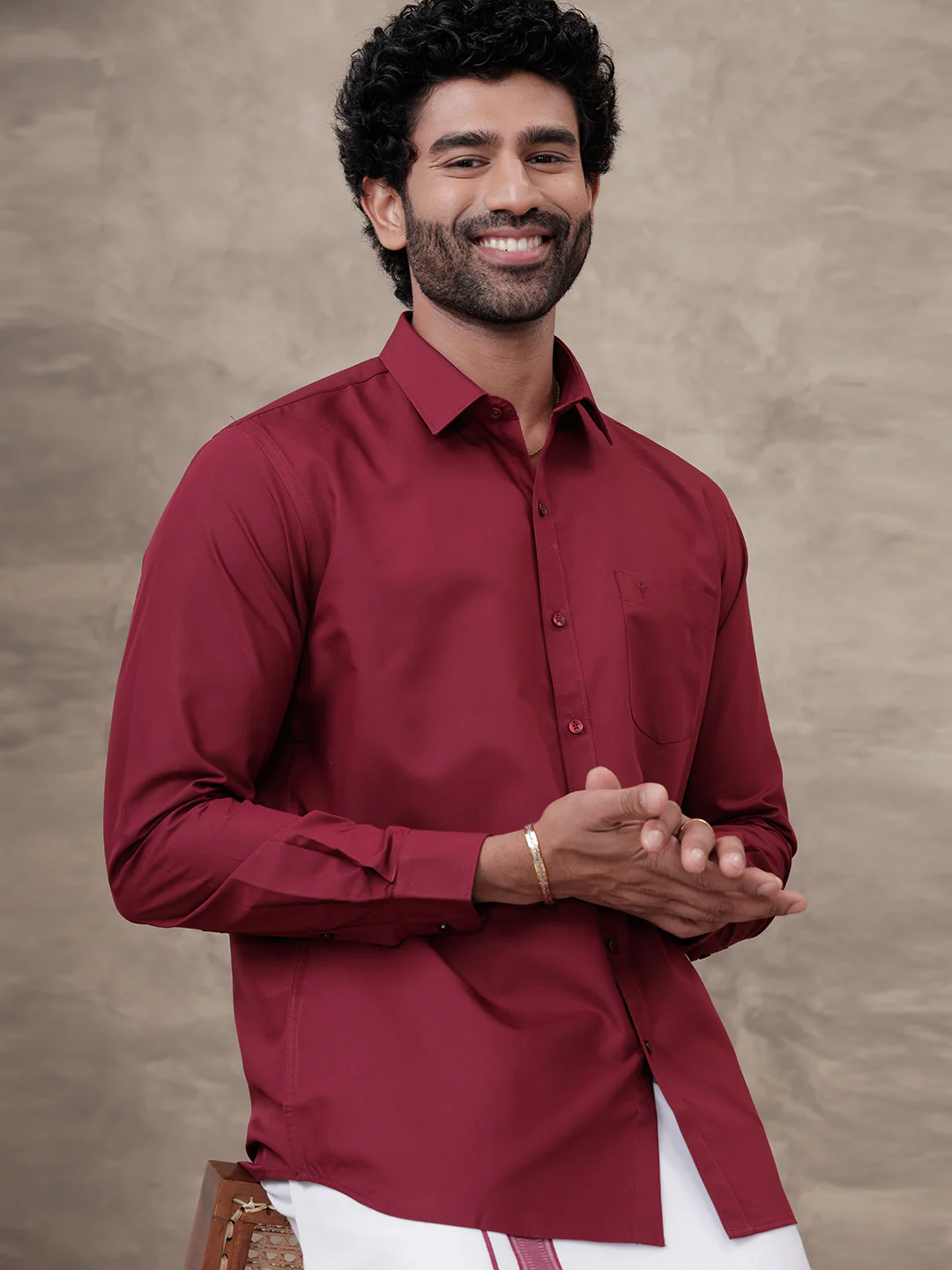 Men Dark Burgundy Shirt With Matching Border Dhoti Set Trendy - Image 4