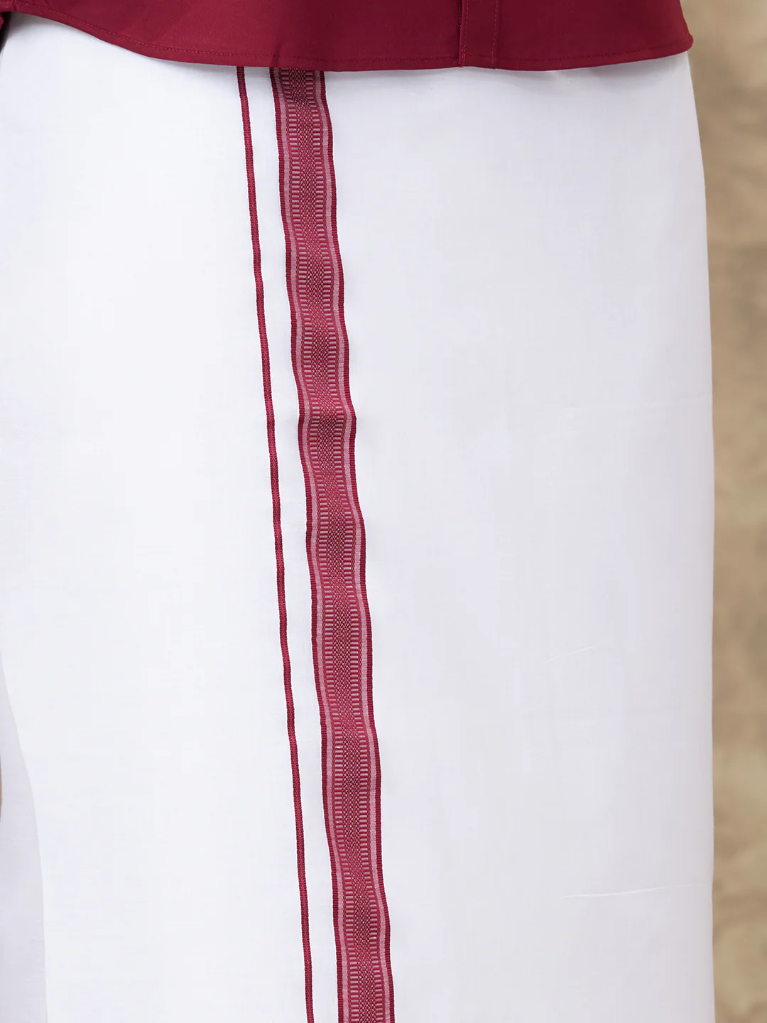 Men Dark Burgundy Shirt With Matching Border Dhoti Set Trendy - Image 5