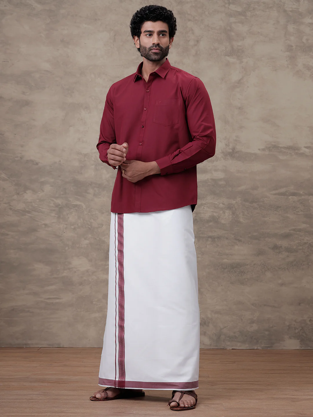 Men Dark Burgundy Shirt With Matching Border Dhoti Set Trendy - Image 7
