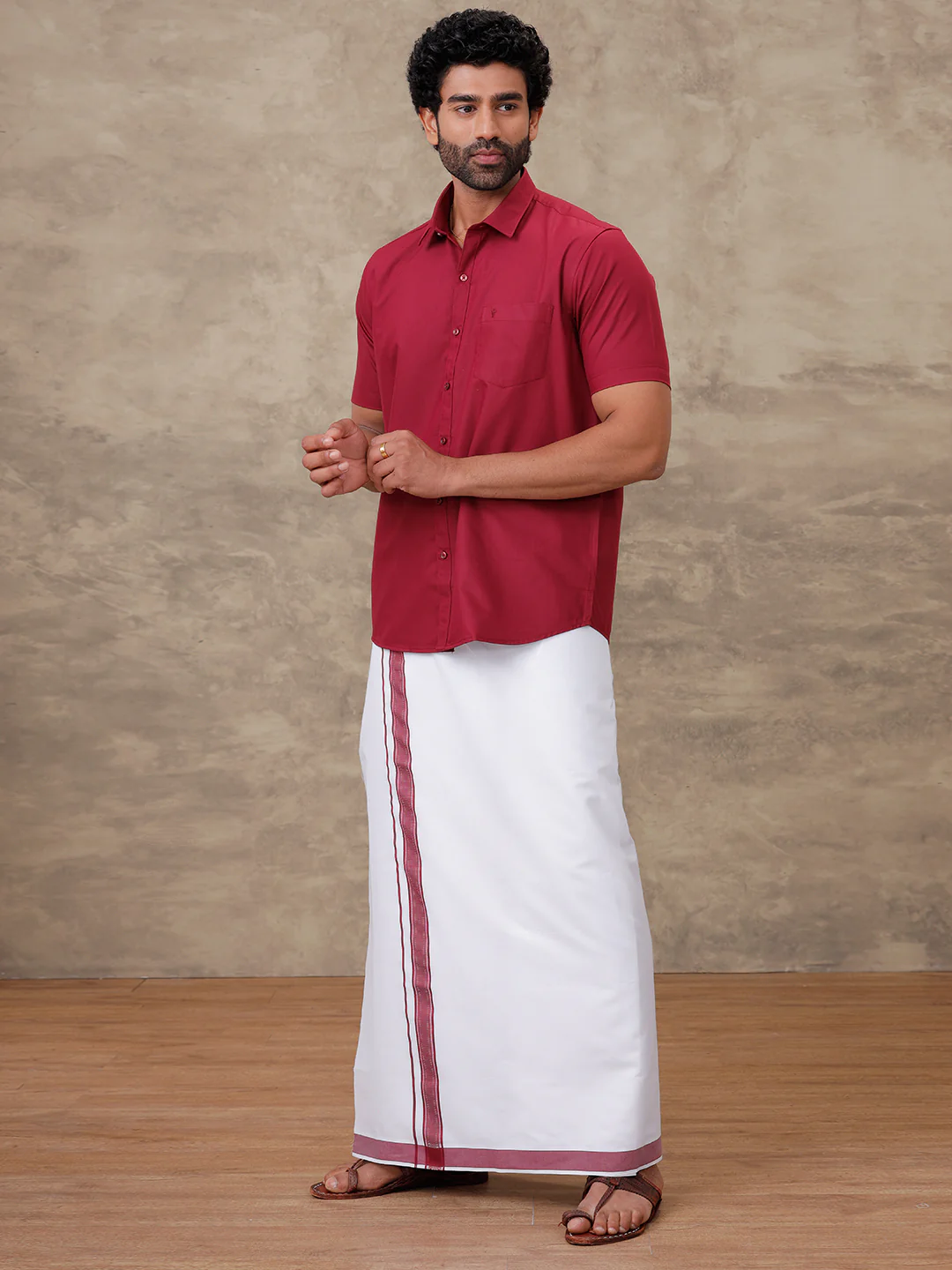 Men Dark Burgundy Shirt With Matching Border Dhoti Set Trendy - Image 2